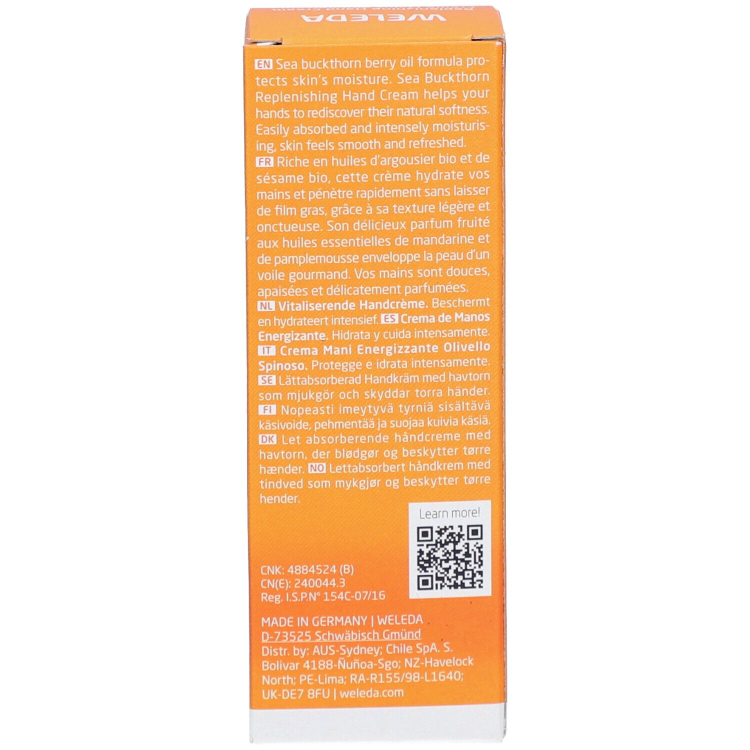 Weleda Handcreme-Schachtel, Text. Text: Sanddorn-Beerenöl-Formel, hilft, die natürliche Feuchtigkeit der Haut wiederherzustellen.