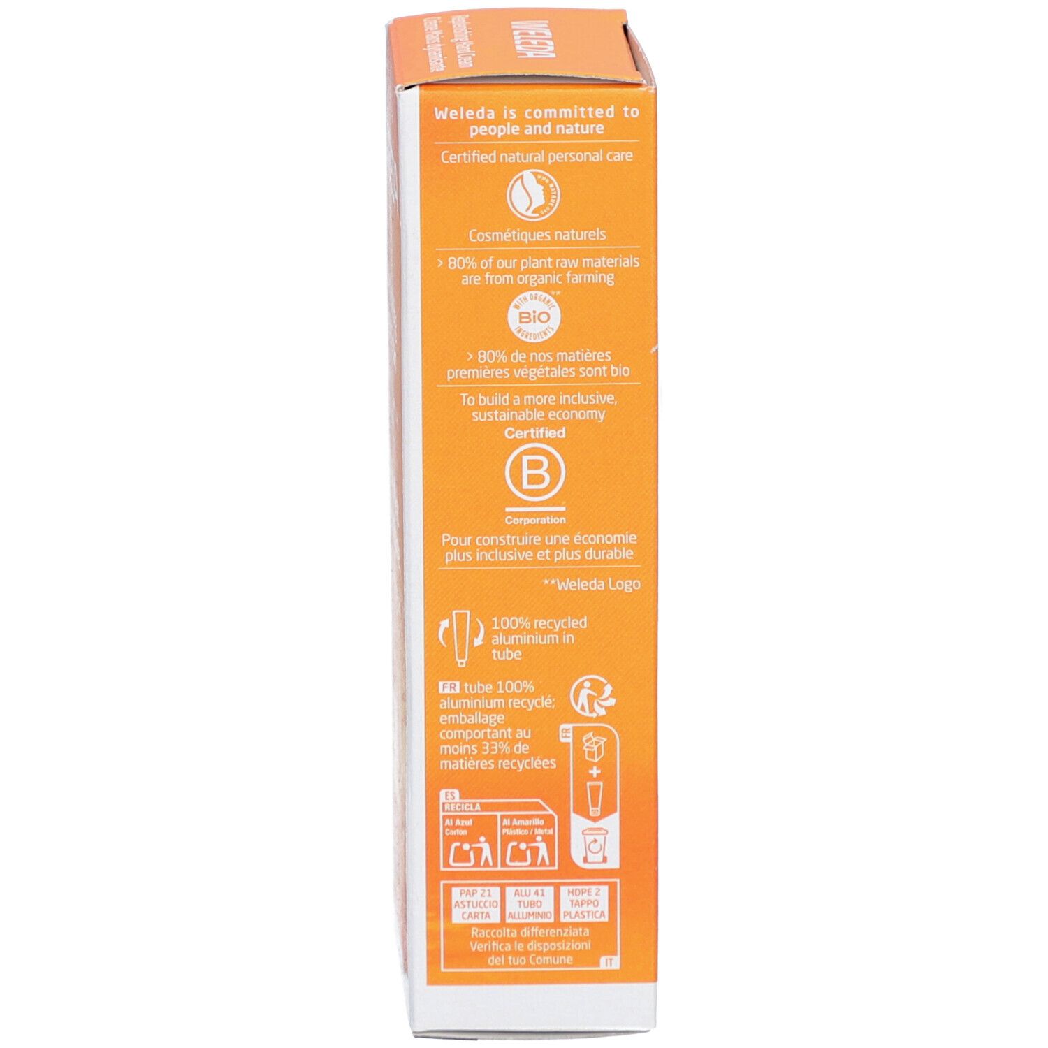 Weleda Handcreme-Schachtel, Text. Text: Weleda engagiert sich für Mensch und Natur. Zertifizierte Naturkosmetik.