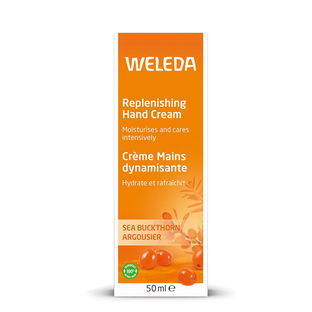 Boîte de crème pour les mains Weleda. Texte: Replenishing Hand Cream, Crème Mains dynamisante, Sea Buckthorn Argousier, 50ml.