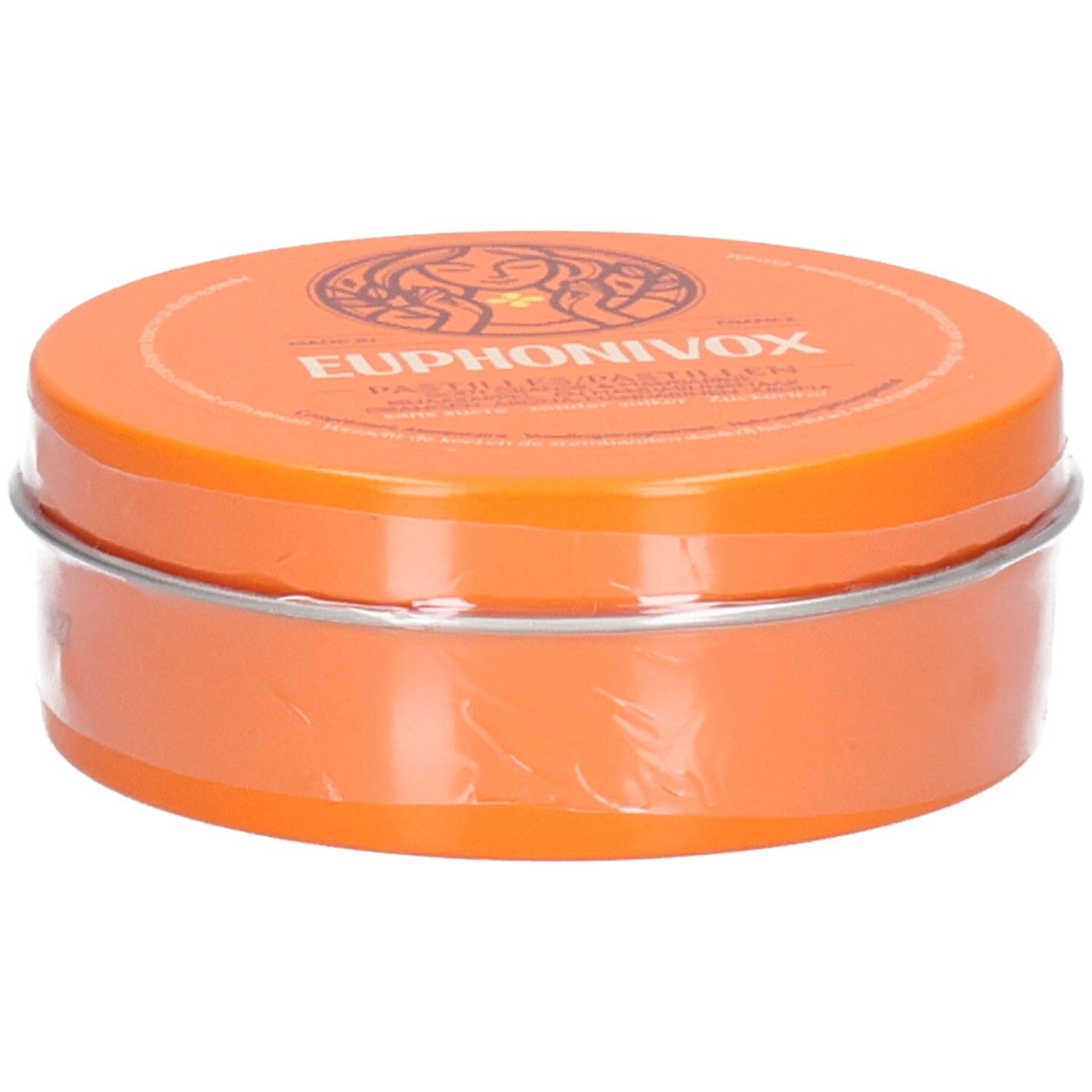 Orange Dose mit Euphonivox Pastillen, Deckel mit Logo und Schriftzug.