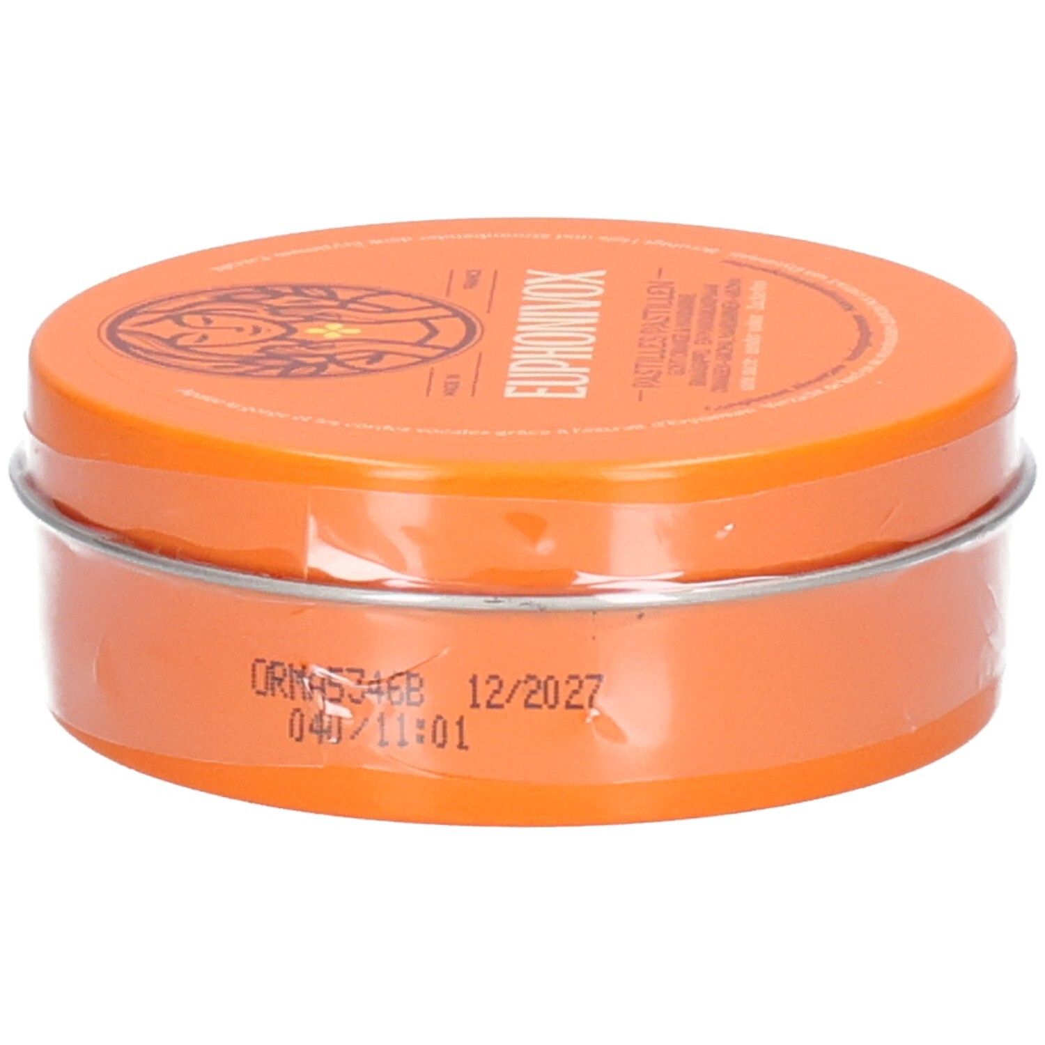 Orange Dose mit Euphonivox Pastillen, Unterseite mit Chargennummer und Haltbarkeitsdatum.