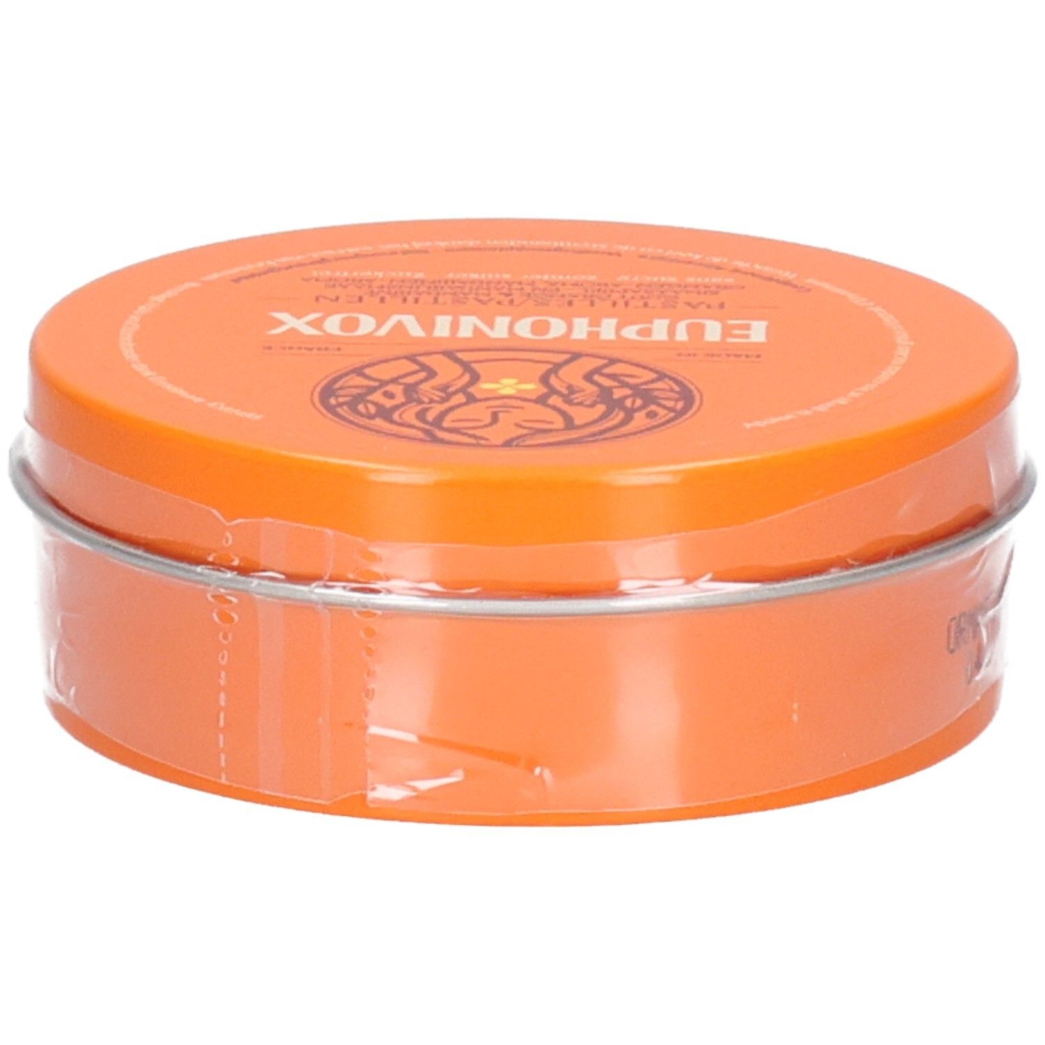 Orange Dose mit Euphonivox Pastillen, von der Seite betrachtet, mit Folienverpackung.