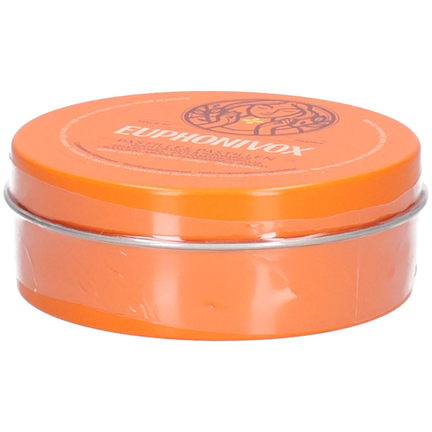Orange Dose mit Euphonivox Pastillen, leicht schräg von vorne fotografiert.