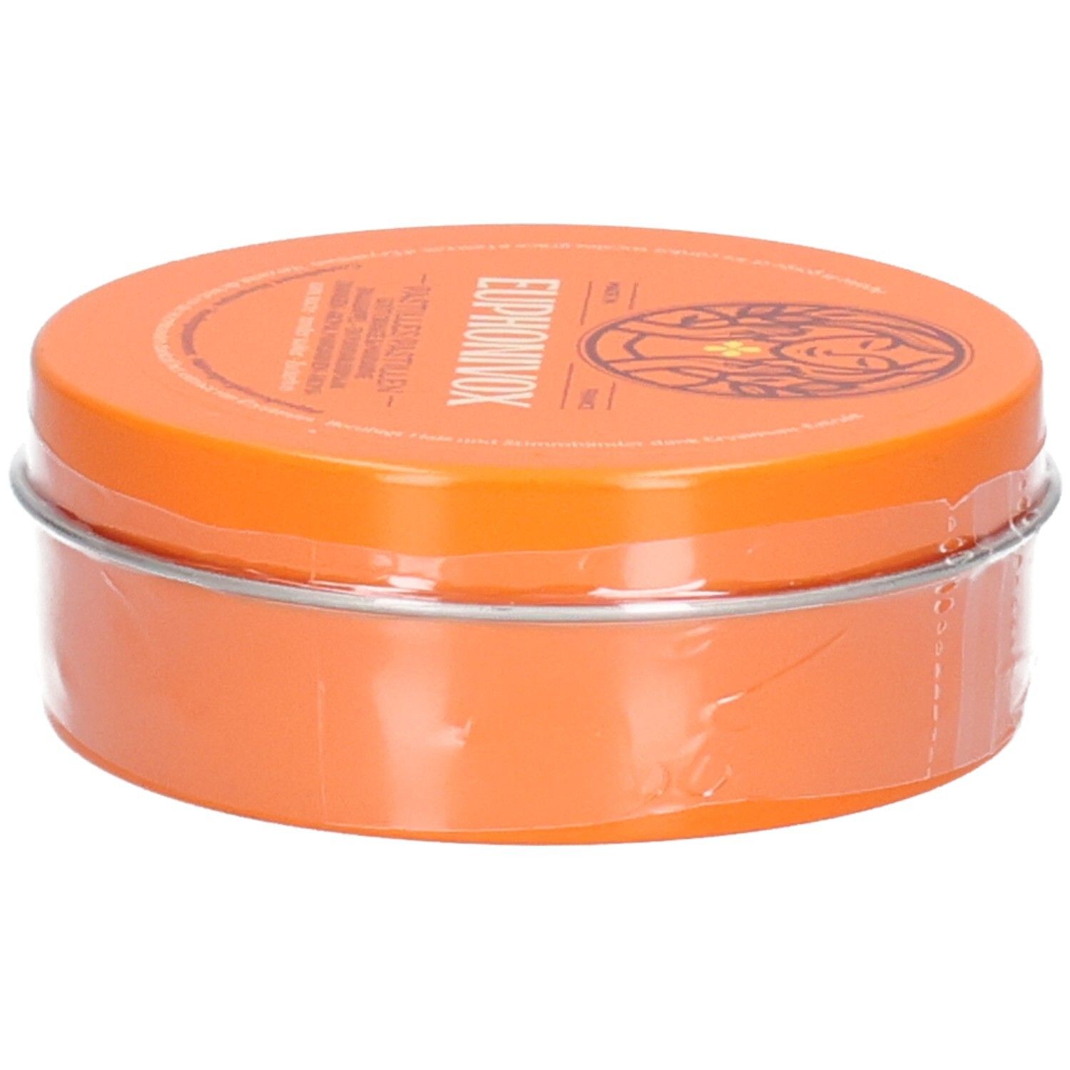 Orange Dose mit Euphonivox Pastillen, Deckel mit Logo und Produktbezeichnung.
