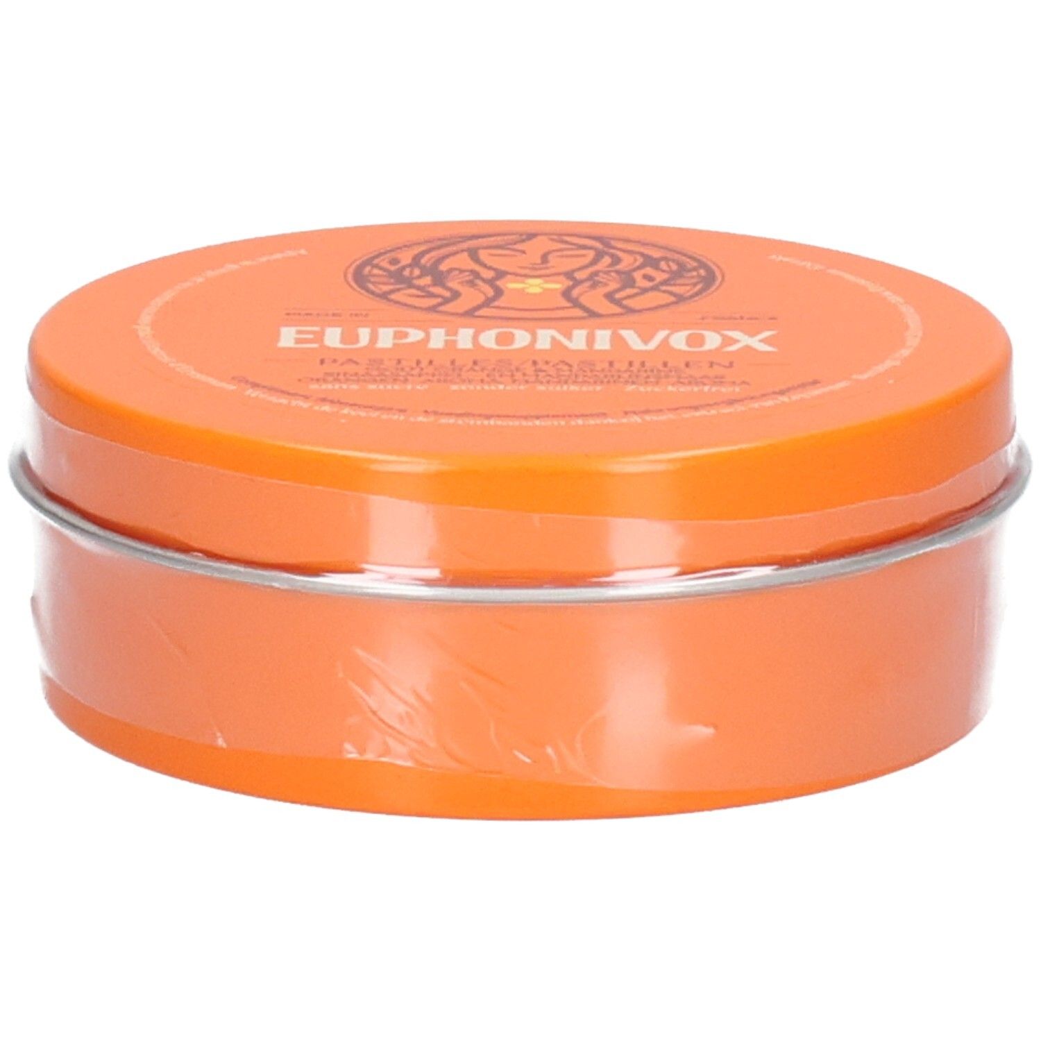 Orange Dose mit Euphonivox Pastillen, mit sichtbarem Siegelband.
