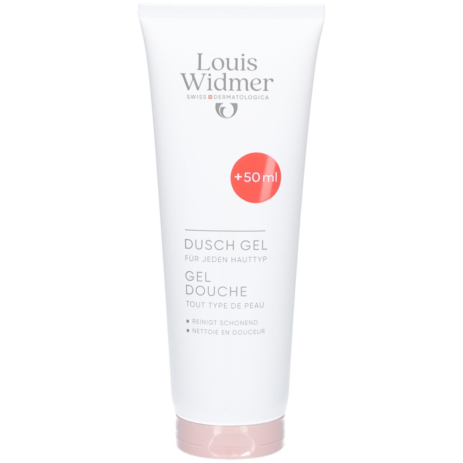 Weisse Tube mit rosa Verschluss. Aufschrift: Louis Widmer, Duschgel, für jeden Hauttyp. Roter Aufkleber: +50 ml.