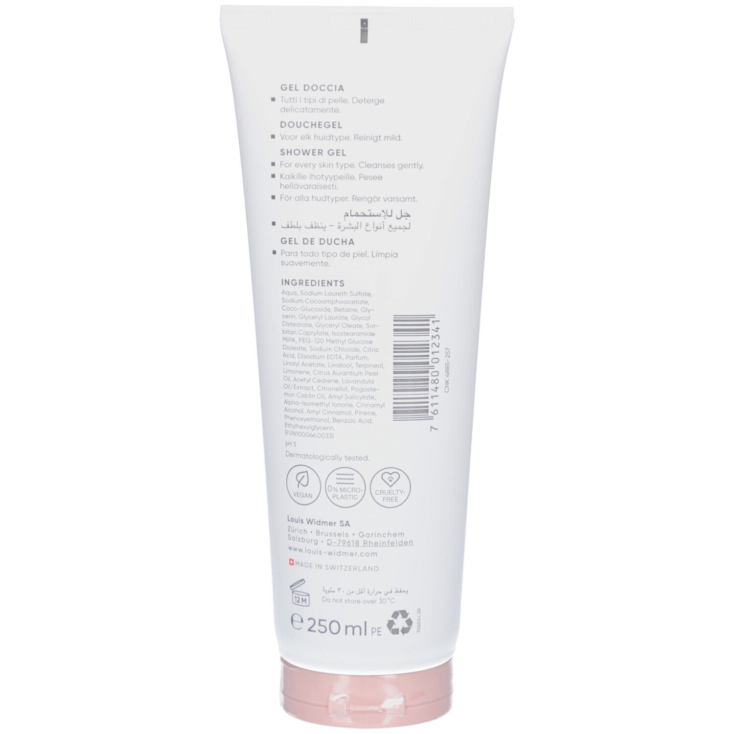 Rückseite der Tube. Inhaltsstoffe, Informationen zu Louis Widmer, Logos: Vegan, ClimatePartner, Cruelty Free. 250 ml.