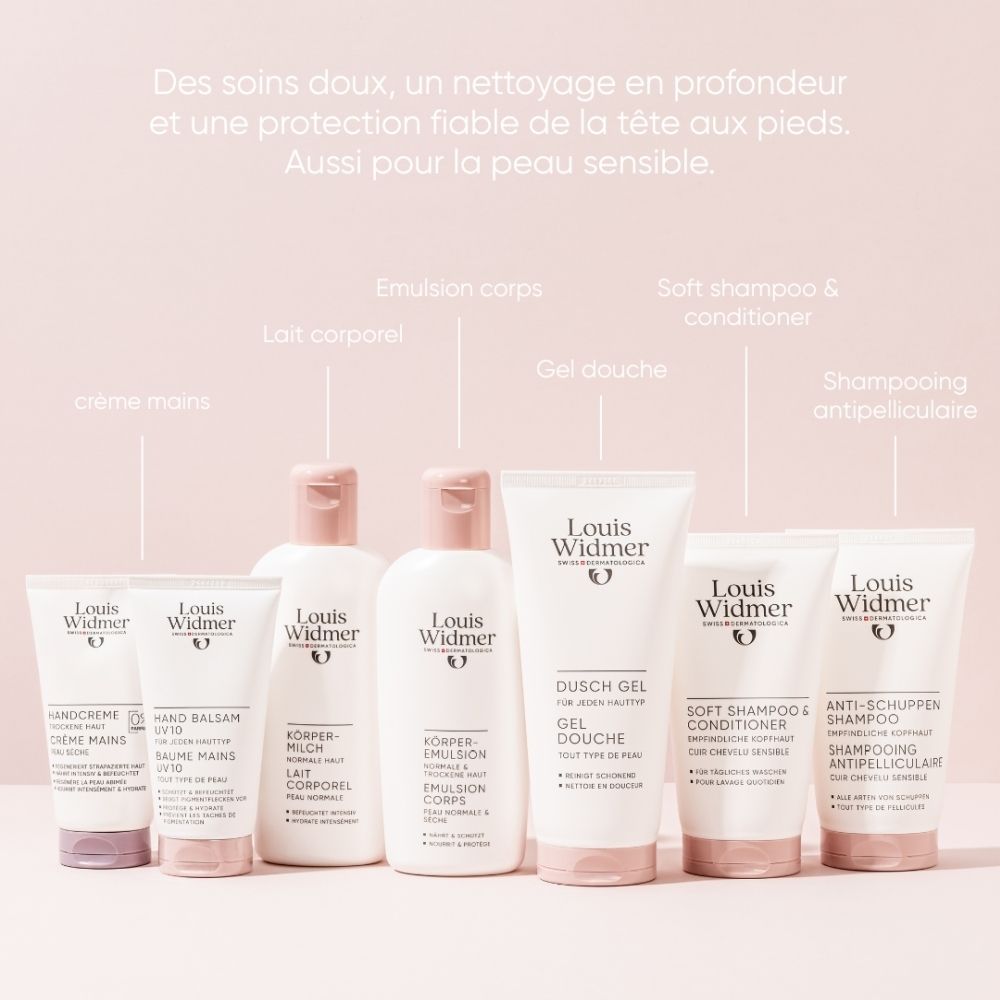 Sechs Louis Widmer Hautpflegeprodukte: Handcreme, Handbalsam, Körpermilch, Körper-Emulsion, Duschgel, Soft Shampoo & Conditioner, Anti-Schuppen Shampoo.
