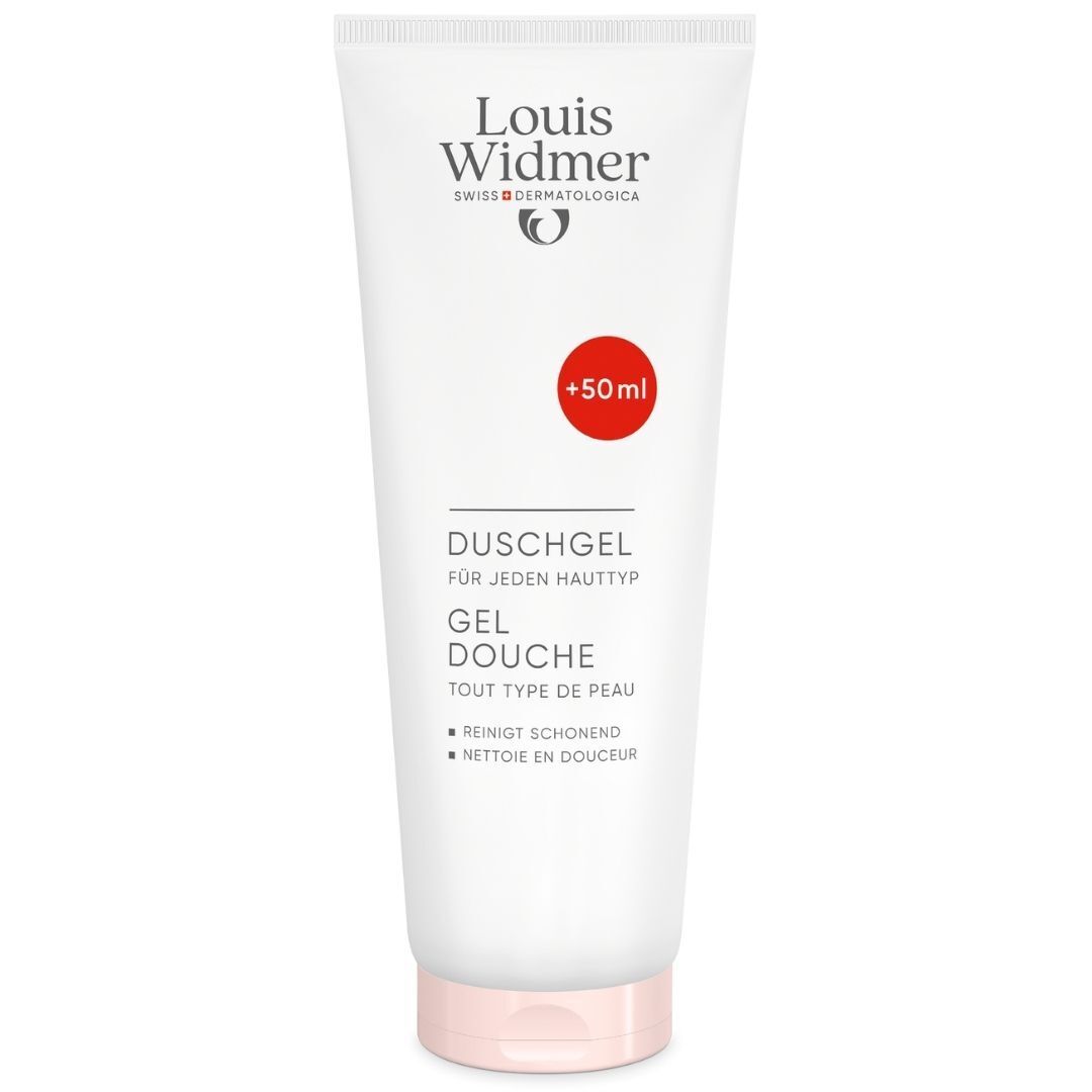 Tube blanche, bouchon rose. Inscription: Louis Widmer, Gel douche, 0% parfum. Supplément: +50ml.