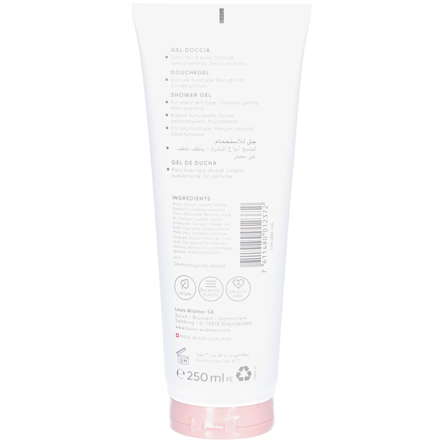 Rückseite der Tube. Text in mehreren Sprachen. Logos: Dermatologisch getestet, Vegan, Cruelty Free, 0% Mikroplastik.