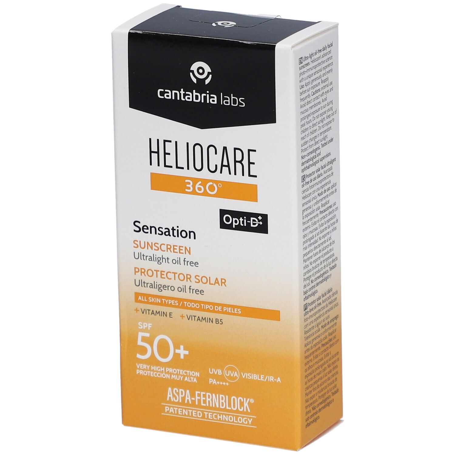 Emballage de crème solaire Heliocare 360° Sensation SPF 50+. Blanc, jaune et noir. Texte : Heliocare, SPF 50+, Opti-D.