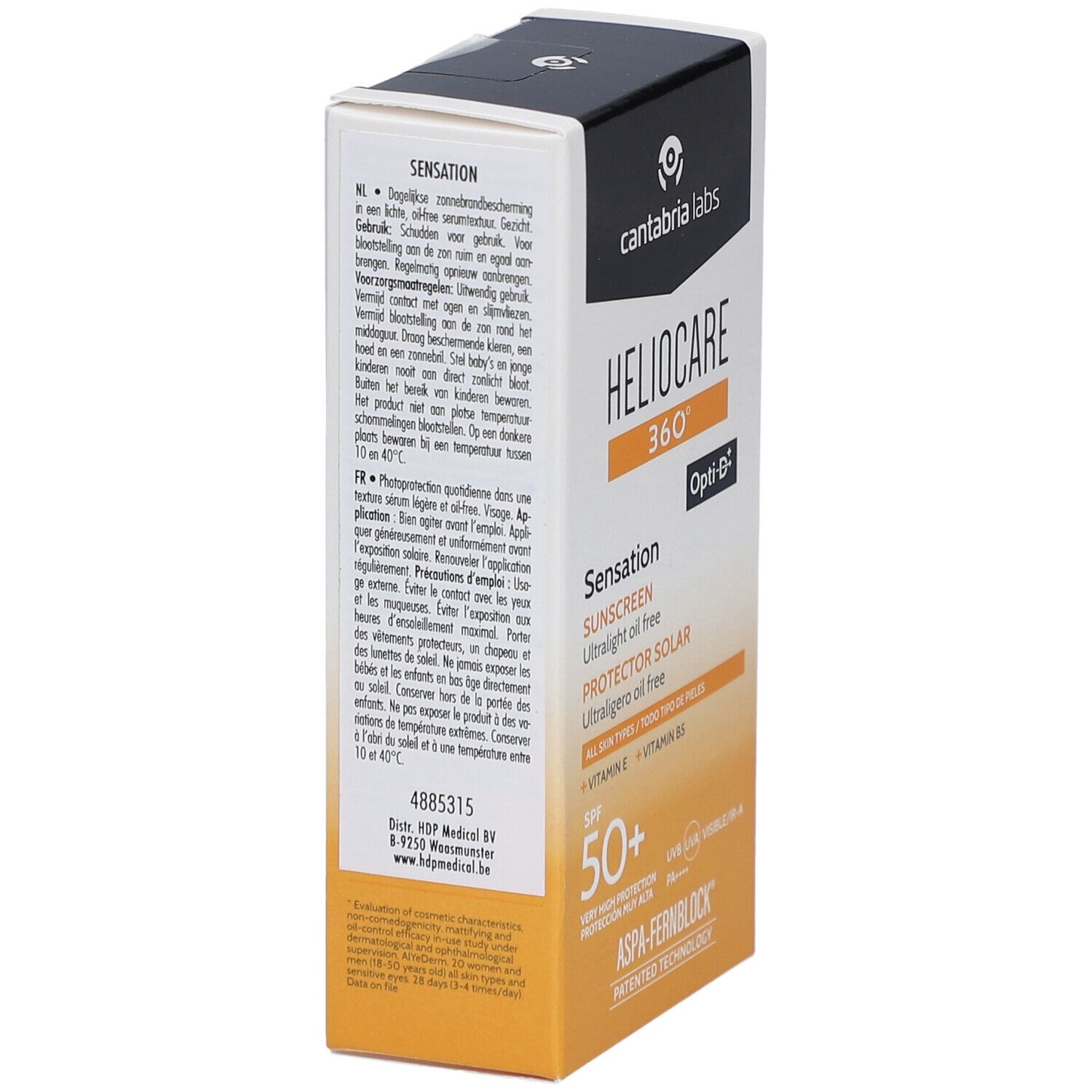 Emballage de crème solaire Heliocare 360° Sensation SPF 50+. Dos avec texte. Blanc, jaune et noir. Texte : Heliocare, SPF 50+.
