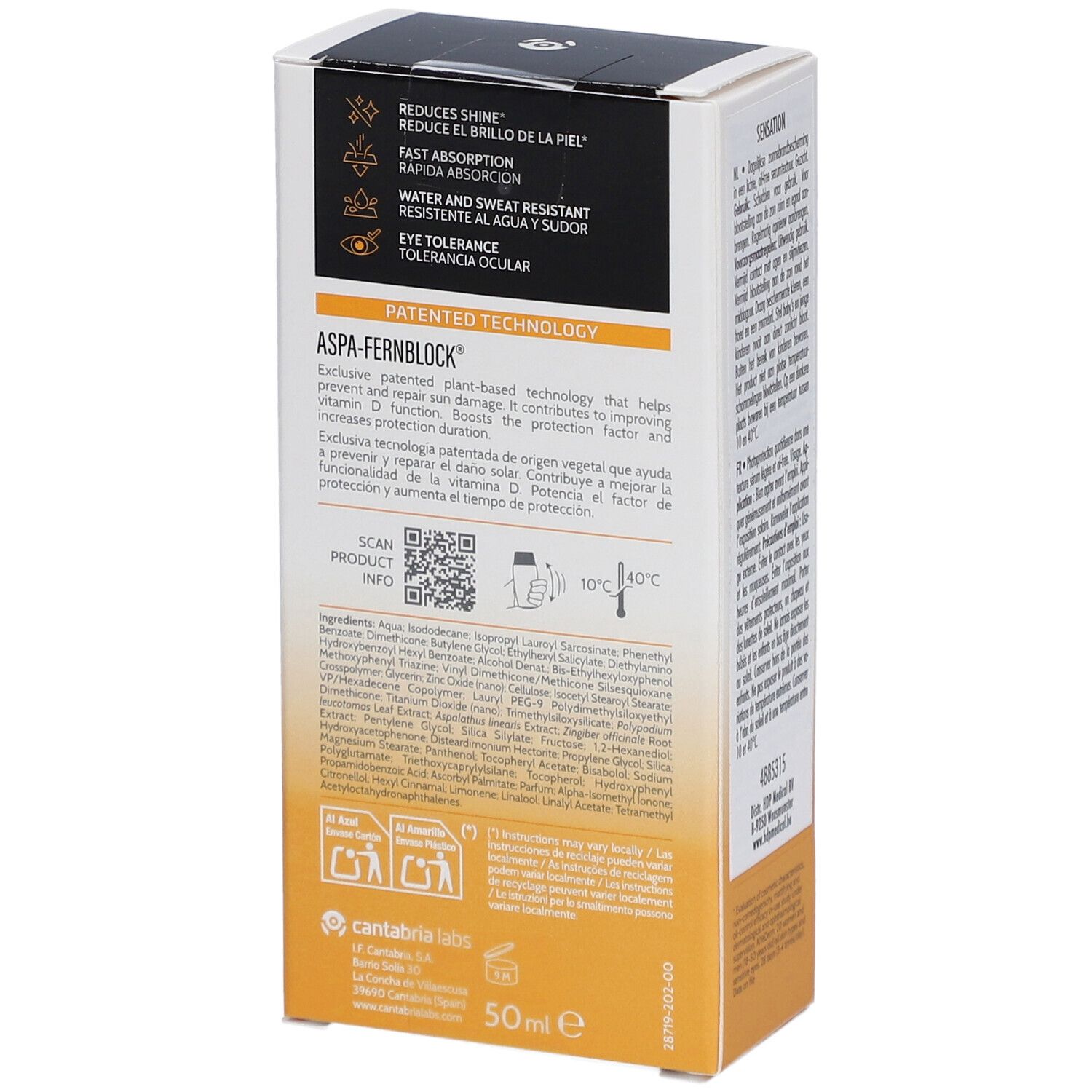 Emballage de crème solaire Heliocare 360° Sensation SPF 50+. Dos avec texte. Blanc, jaune et noir. Texte : Heliocare, SPF 50+.