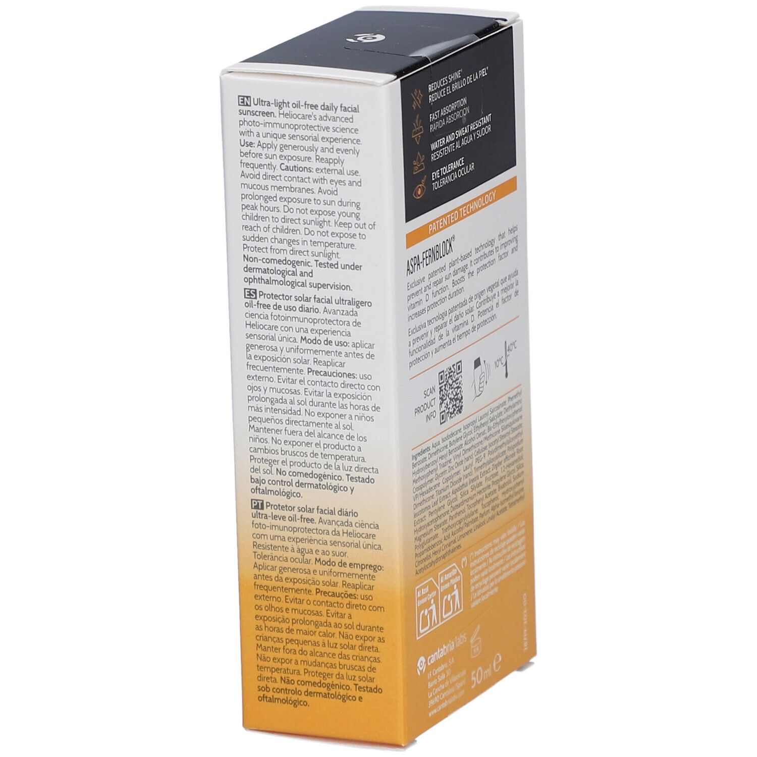 Emballage de crème solaire Heliocare 360° Sensation SPF 50+. Dos avec texte. Blanc, jaune et noir. Texte : Heliocare, SPF 50+.