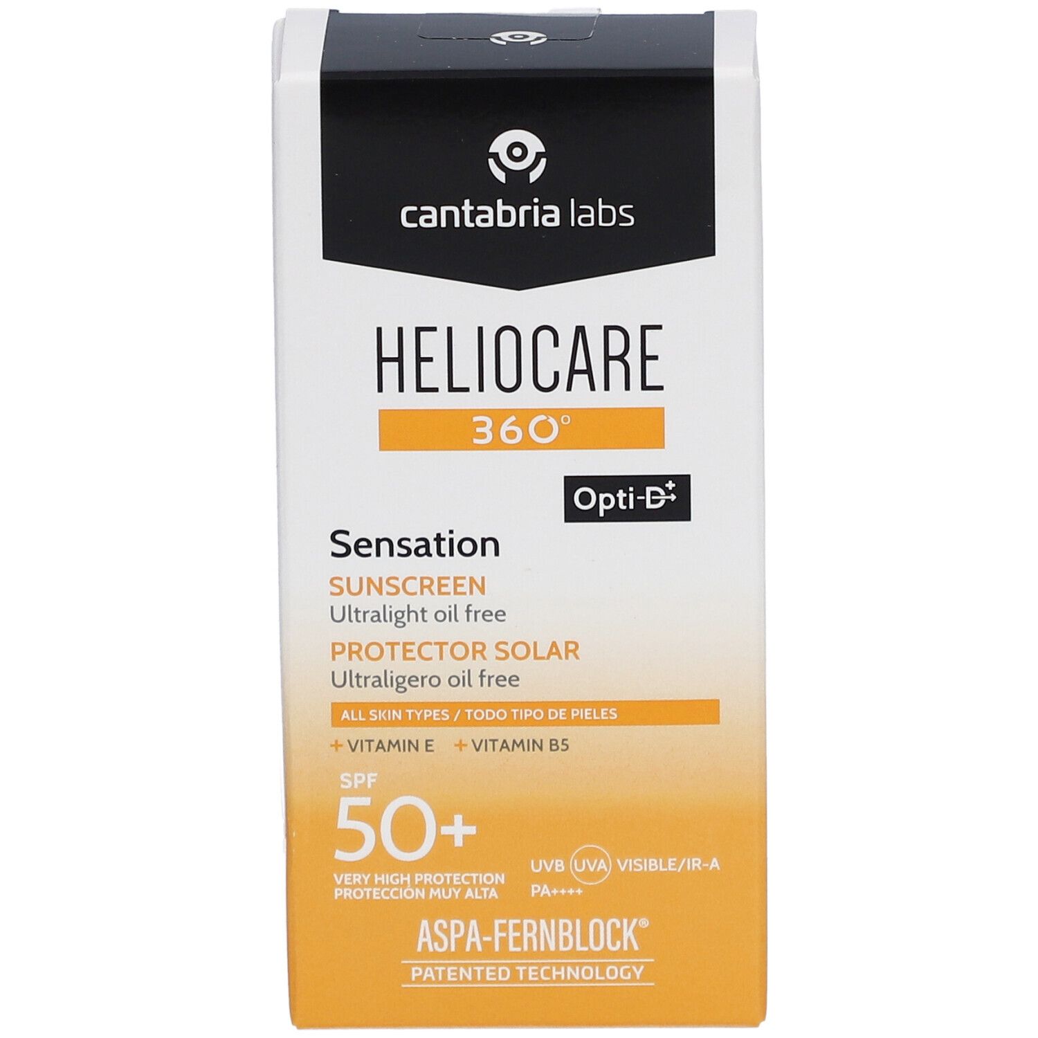 Emballage de crème solaire Heliocare 360° Sensation SPF 50+. Face avant. Blanc, jaune et noir. Texte : Heliocare, SPF 50+, Opti-D.