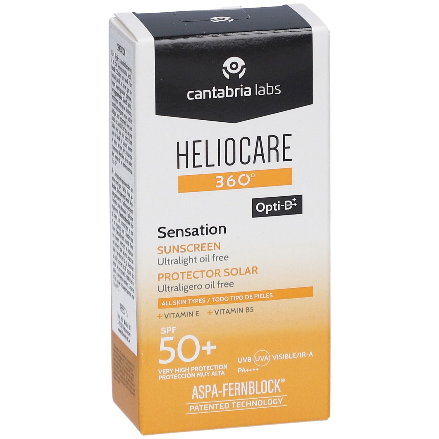 Emballage de crème solaire Heliocare 360° Sensation SPF 50+. Face avant. Blanc, jaune et noir. Texte : Heliocare, SPF 50+, Opti-D.