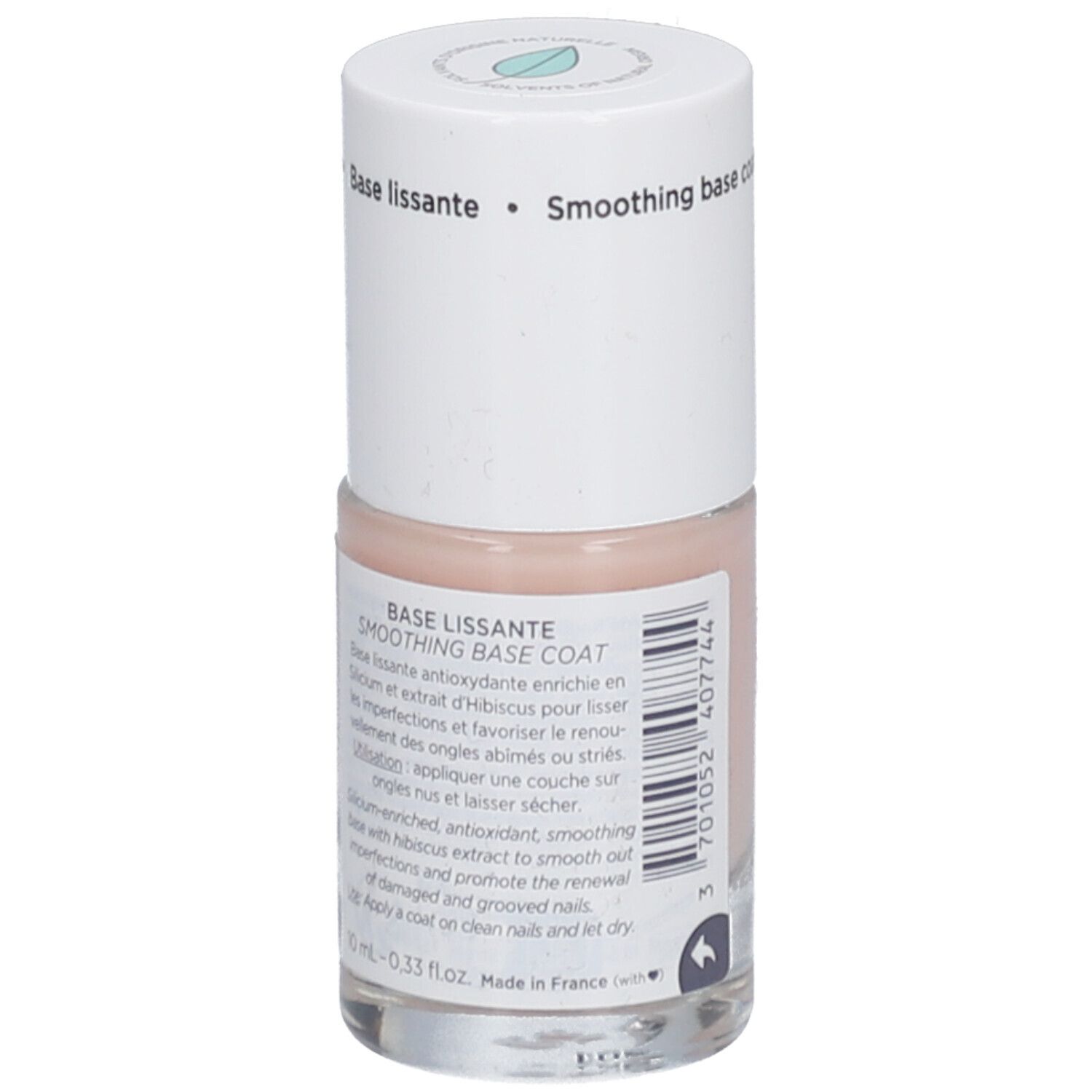 MEME Cosmetics Base lissante Vao. Flasche mit rosa Inhalt und weißem Deckel. Rückseite mit Text und Barcode.