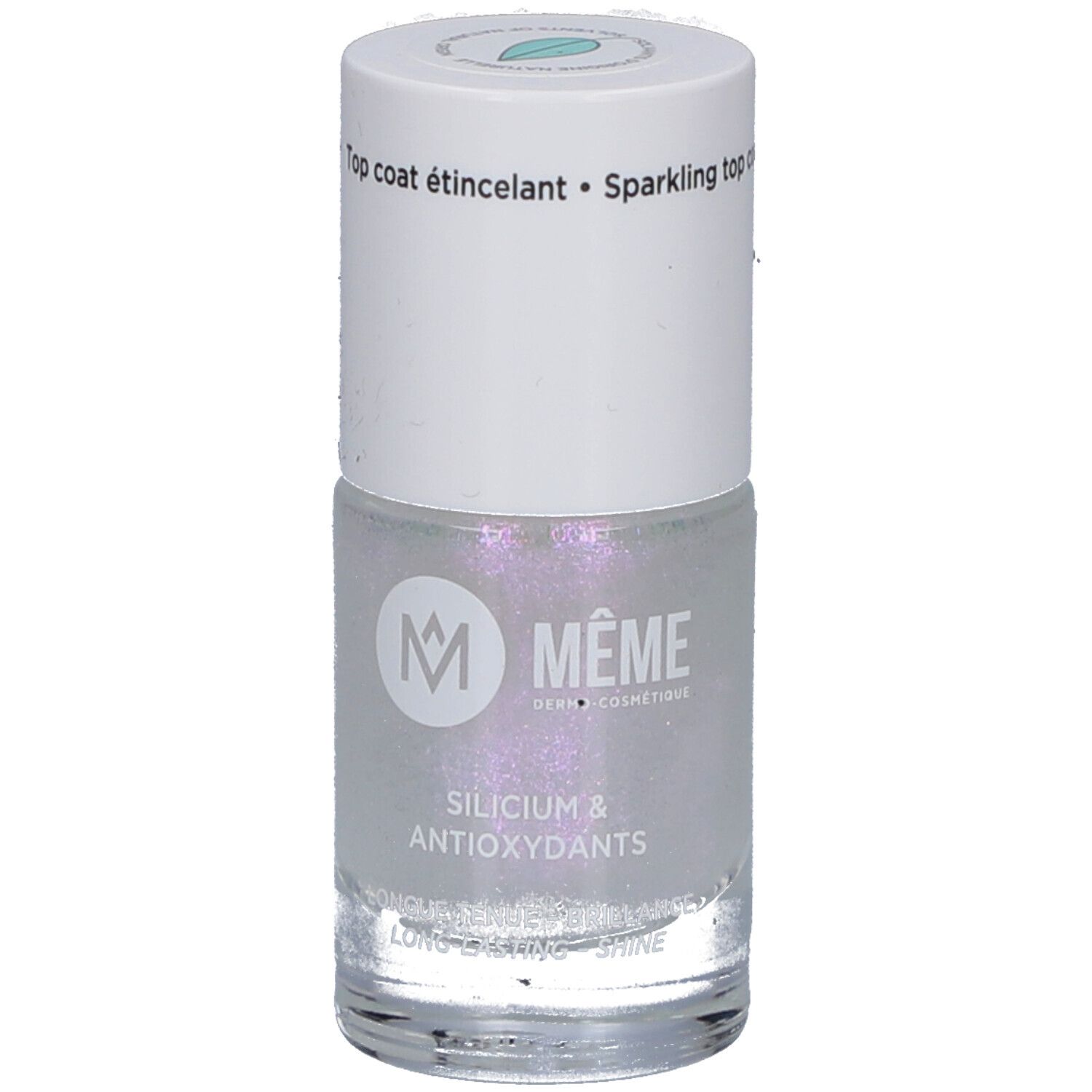 Nagellackflasche mit weißem Deckel. Aufschrift: MEME, Silicium & Antioxidantien. Glitzernde, transparente Flüssigkeit.