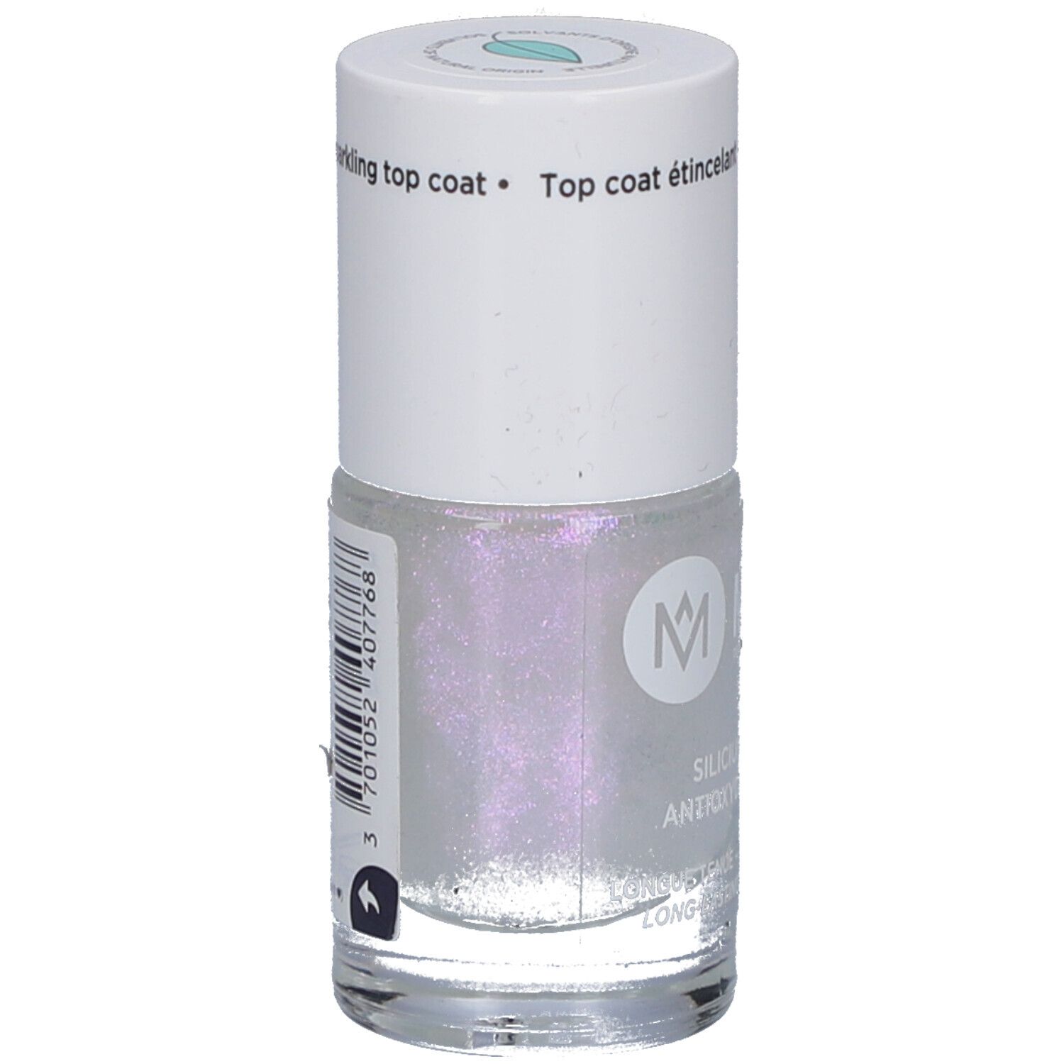 Nagellackflasche mit weißem Deckel. Aufschrift: MEME, Silicium & Antioxidantien. Glitzernde, transparente Flüssigkeit.