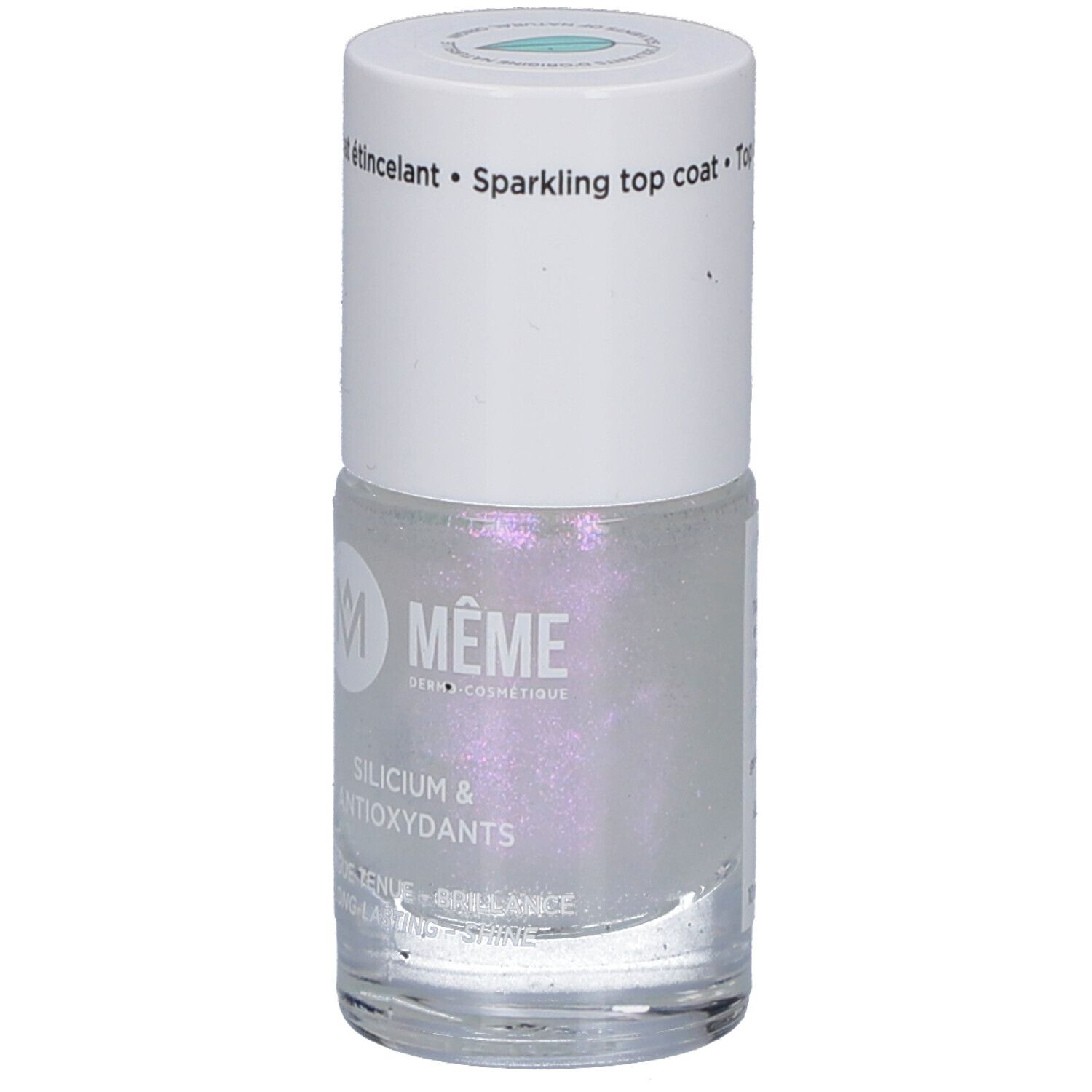 Nagellackflasche mit weißem Deckel. Aufschrift: MEME, Silicium & Antioxidantien. Glitzernde, transparente Flüssigkeit.
