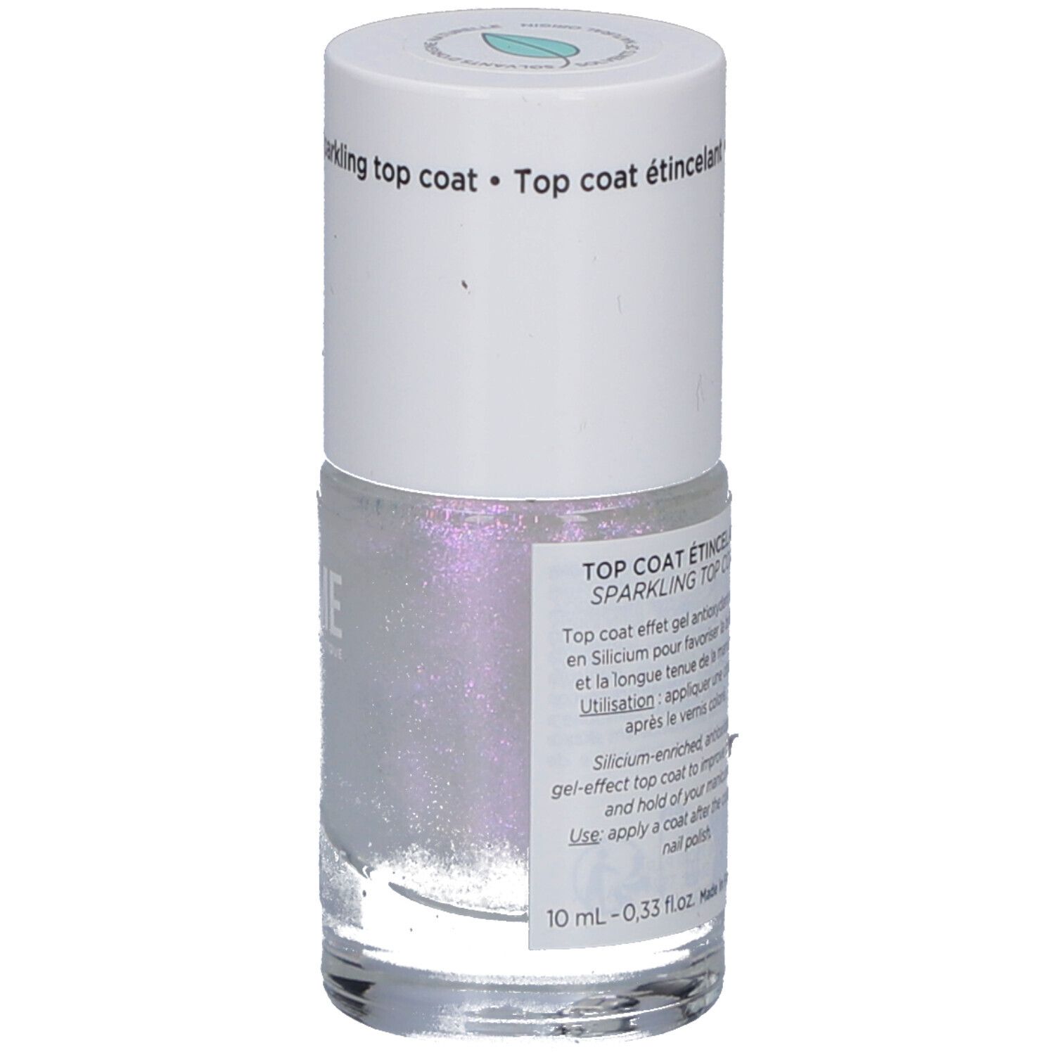 Nagellackflasche mit weißem Deckel. Aufschrift: MEME, Silicium & Antioxidantien. Glitzernde, transparente Flüssigkeit.