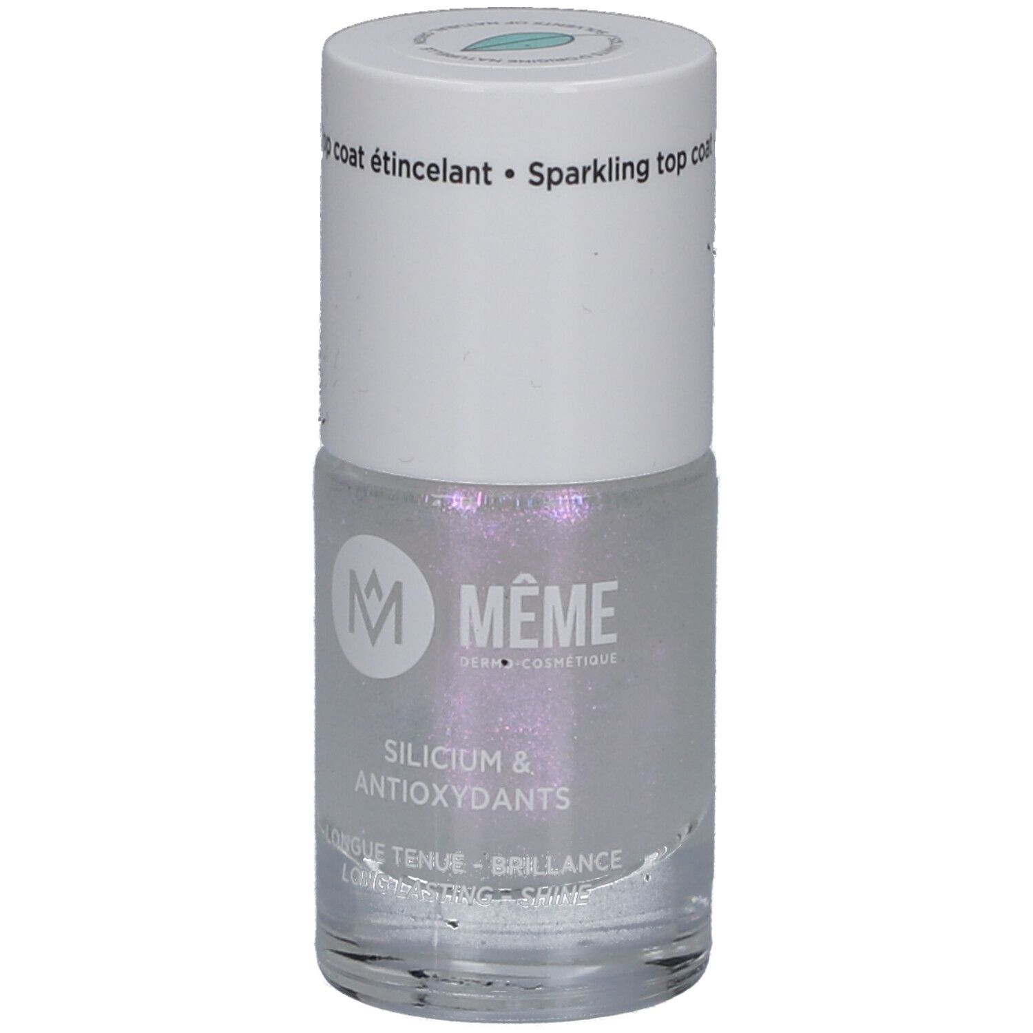 Nagellackflasche mit weißem Deckel. Aufschrift: MEME, Silicium & Antioxidantien. Glitzernde, transparente Flüssigkeit.