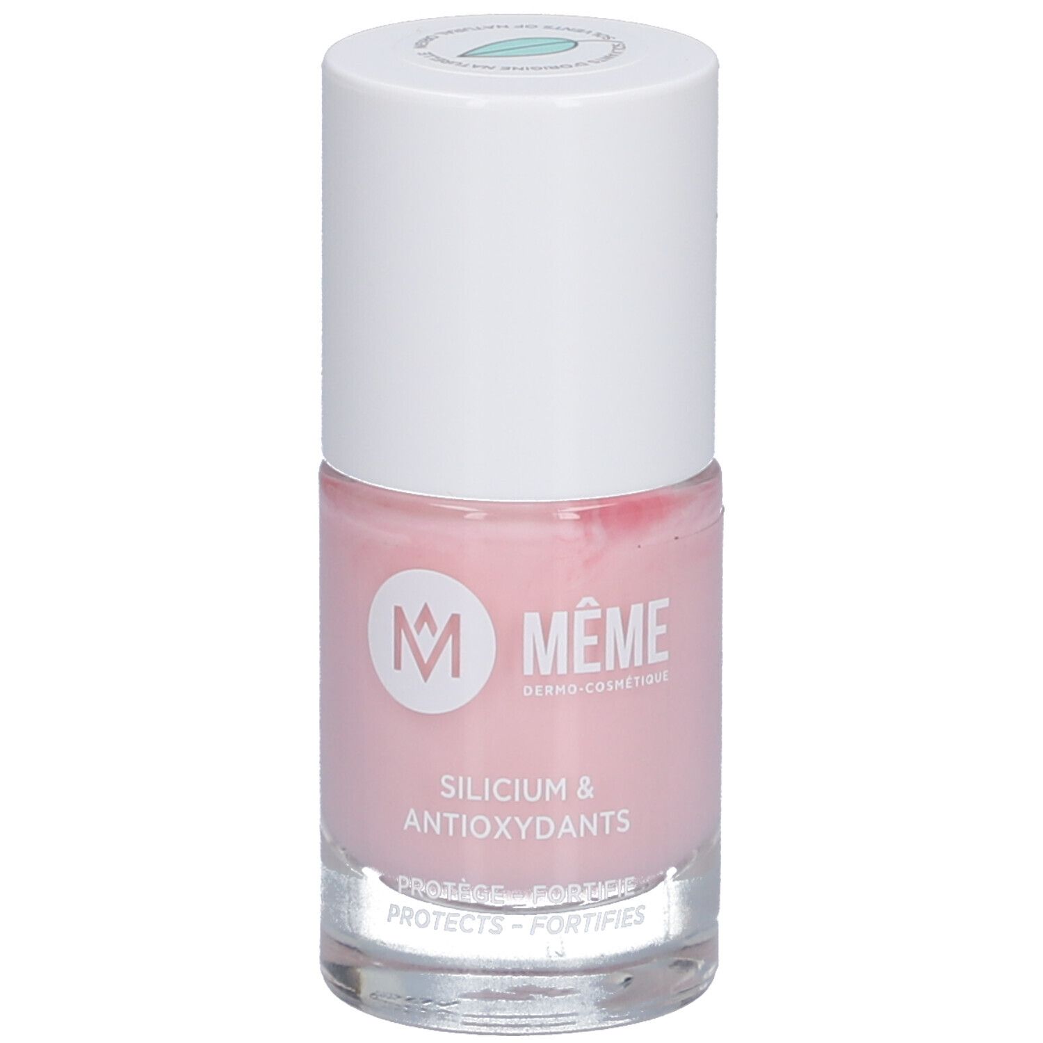 Rosa Nagellackflasche mit weißem Deckel. Aufschrift: MÊME, Silicium & Antioxidantien. Schützt und stärkt.