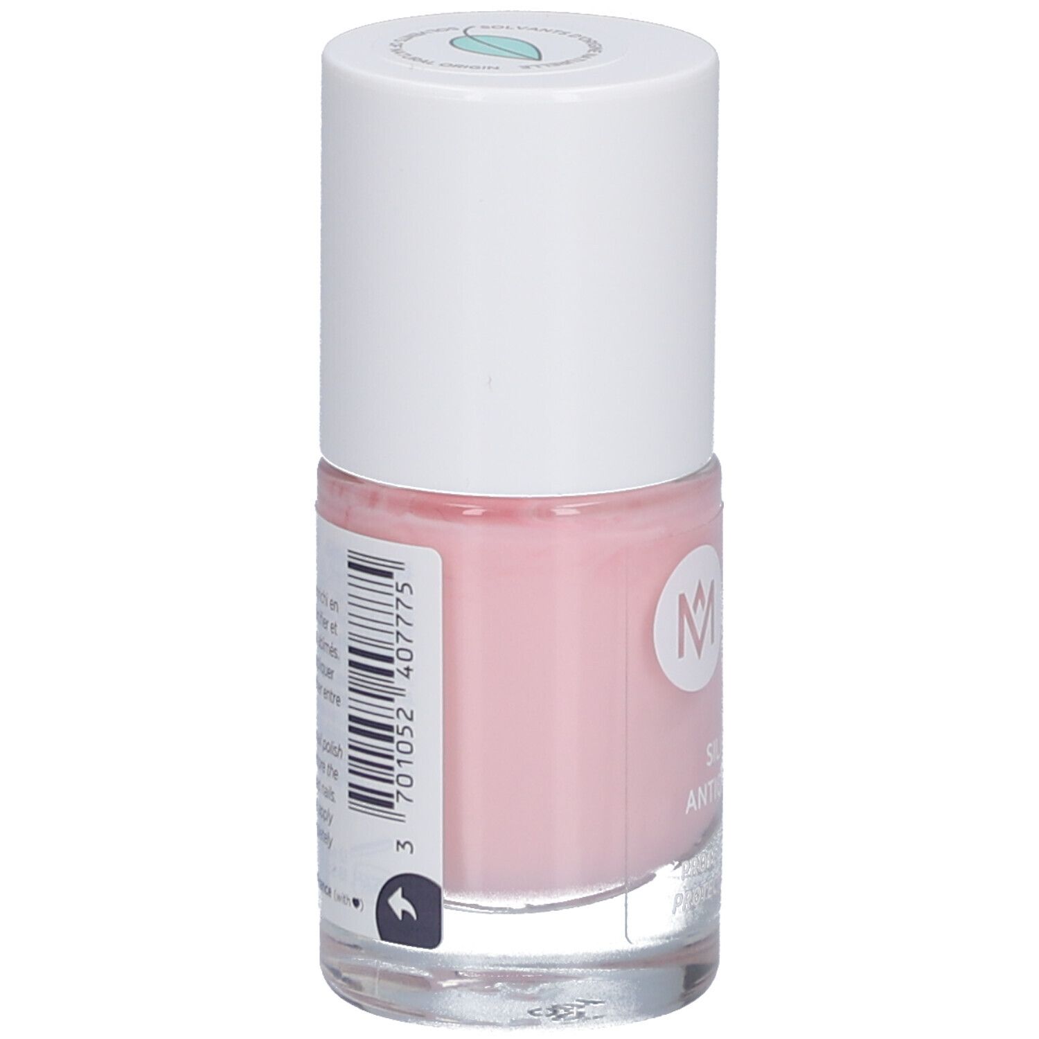 Rückseite der rosa Nagellackflasche mit weißem Deckel. Barcode und Produktinformationen.