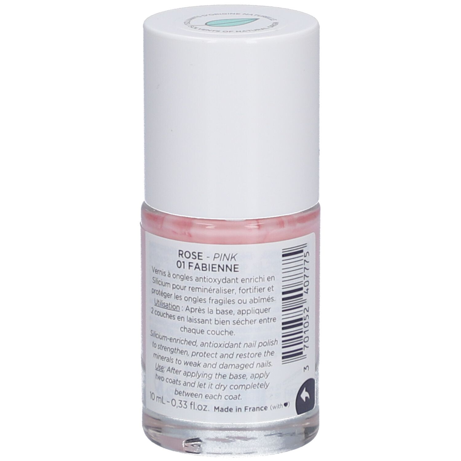 Rückseite der rosa Nagellackflasche mit weißem Deckel. Produktname: Rose - Pink 01 Fabienne. Text.