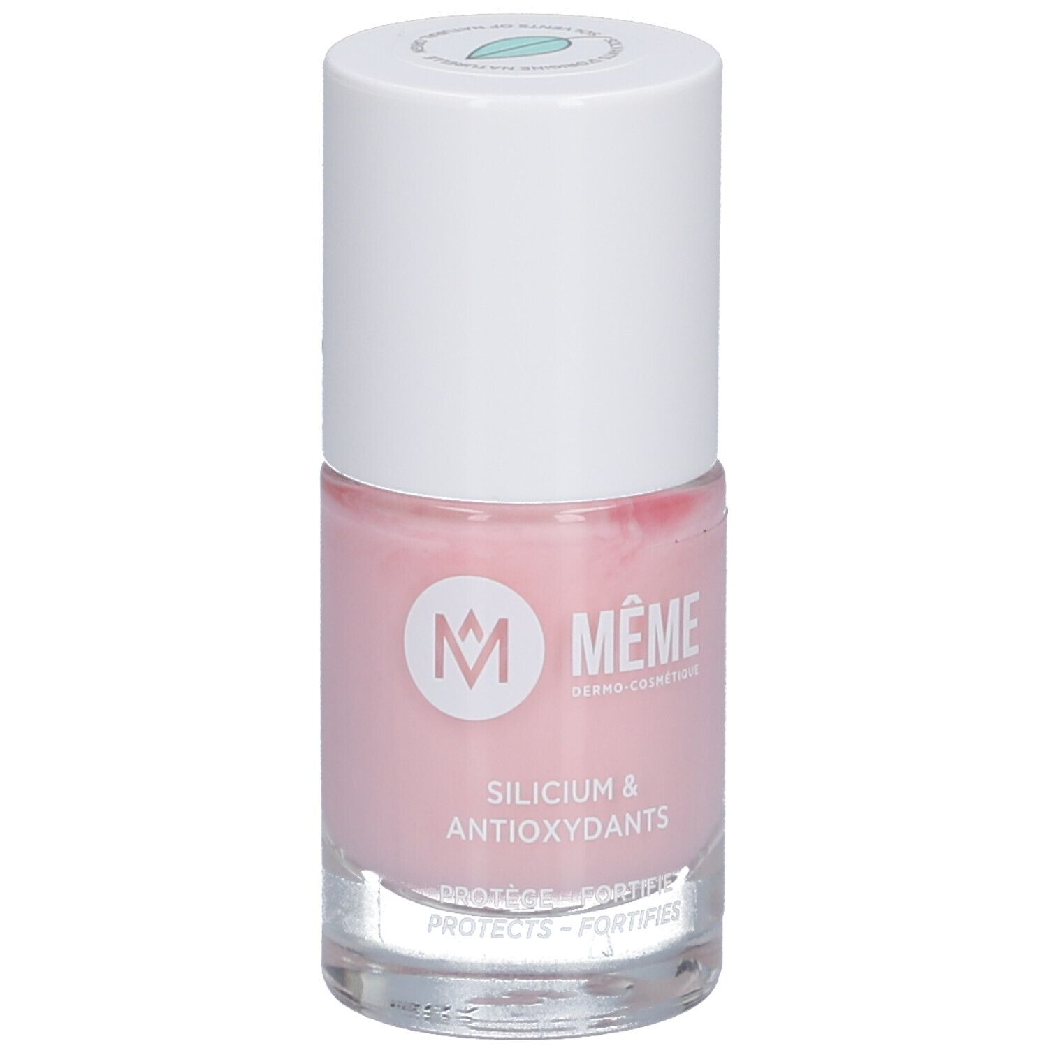 Rosa Nagellackflasche mit weißem Deckel. Aufschrift: MÊME, Silicium & Antioxidantien. Schützt und stärkt.