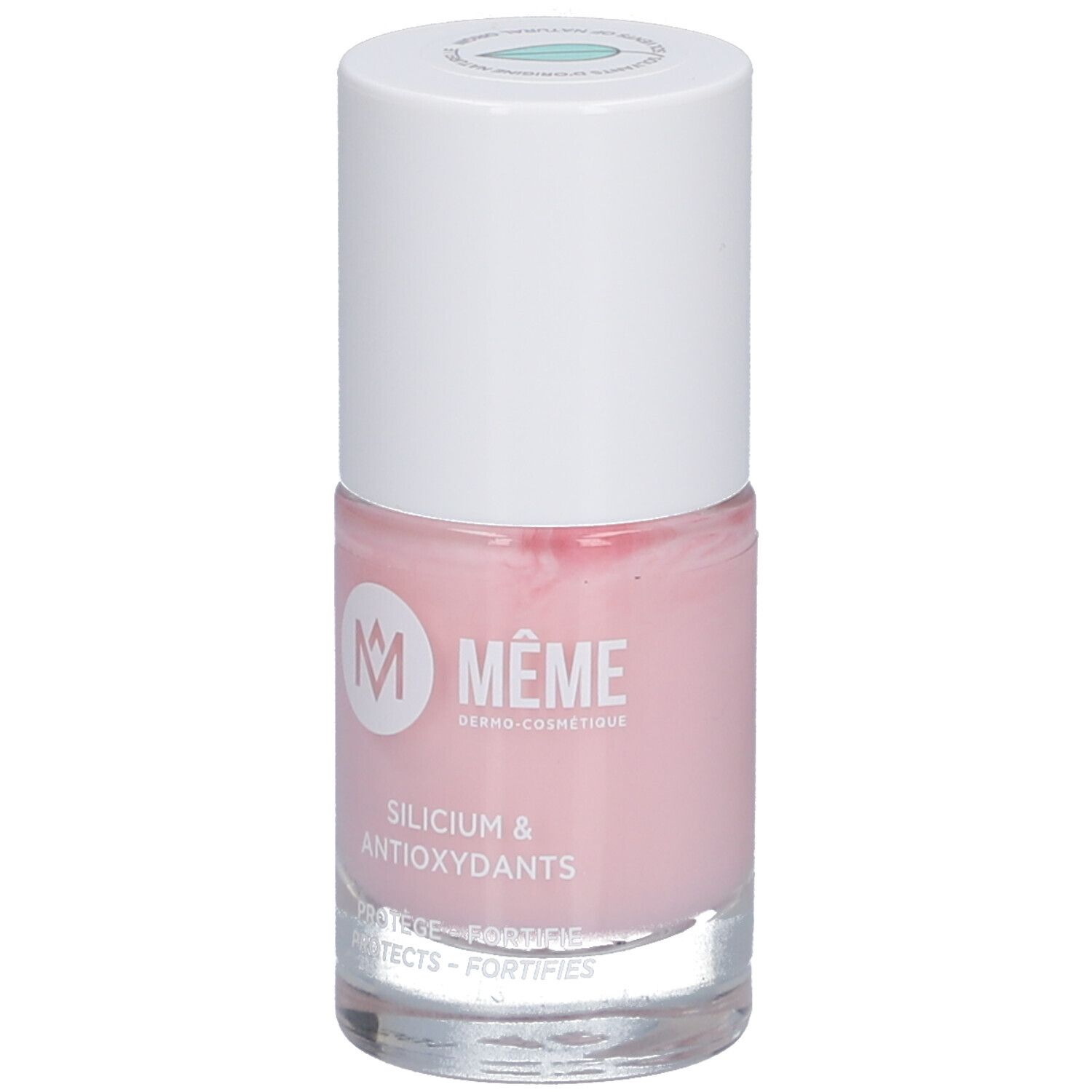 Rosa Nagellackflasche mit weißem Deckel. Aufschrift: MÊME, Silicium & Antioxidantien. Schützt und stärkt.