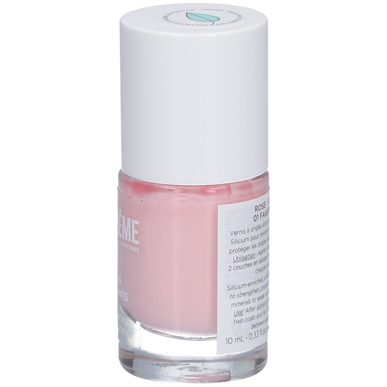 Rückseite der rosa Nagellackflasche mit weißem Deckel. Produktname: Rose - Pink 01 Fabienne. Text.