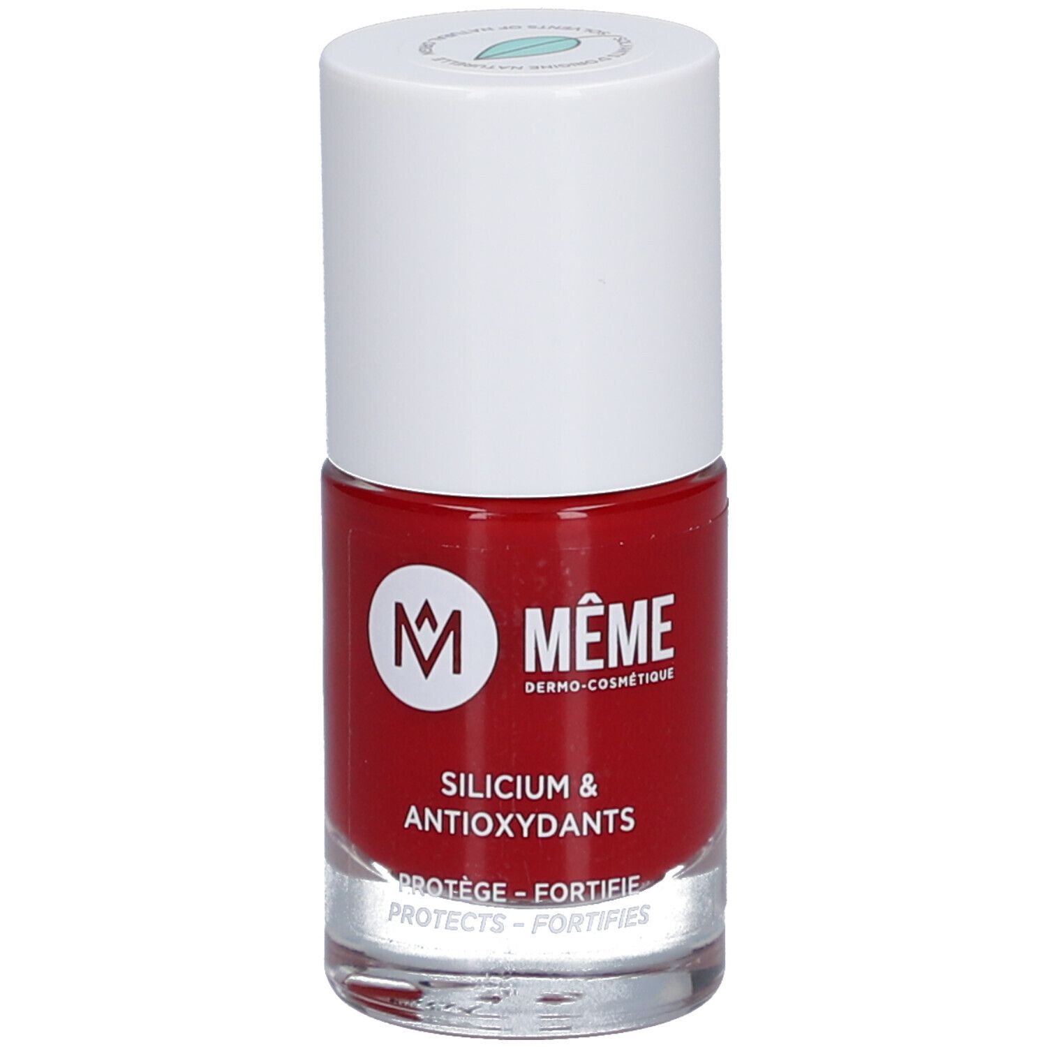 Roter Nagellackflakon mit weißem Deckel. Aufschrift: MÊME, Silicium & Antioxydants. Schützt und stärkt die Nägel.