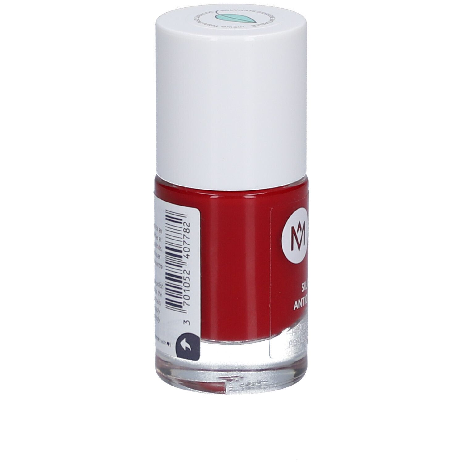 Roter Nagellackflakon mit weißem Deckel. Rückseite mit Barcode und Produktinformationen. Marke: MÊME.
