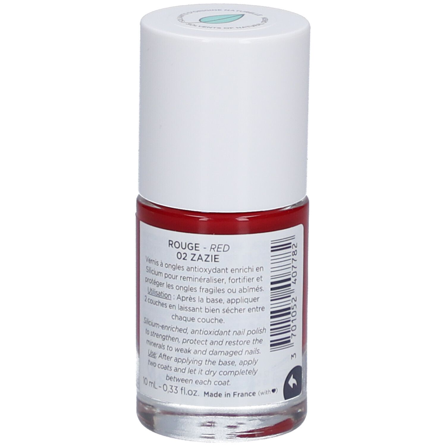 Roter Nagellackflakon mit weißem Deckel. Rückseite mit Produktinformationen und Inhaltsstoffen. Marke: MÊME.