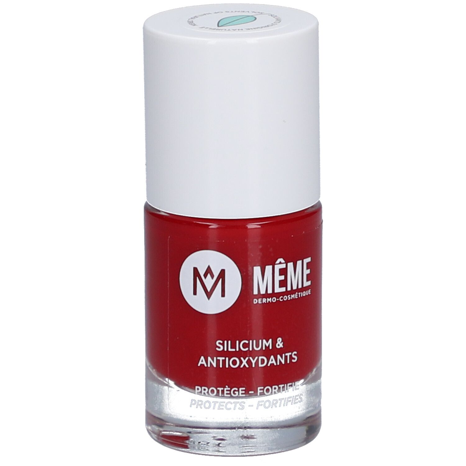 Roter Nagellackflakon mit weißem Deckel. Aufschrift: MÊME, Silicium & Antioxydants. Schützt und stärkt die Nägel.