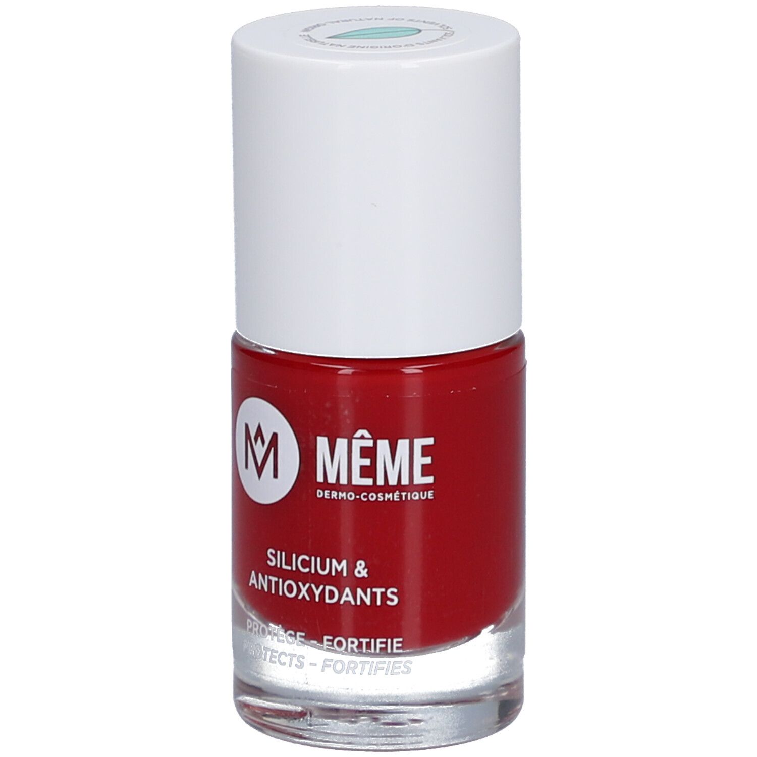 Roter Nagellackflakon mit weißem Deckel. Aufschrift: MÊME, Silicium & Antioxydants. Schützt und stärkt die Nägel.