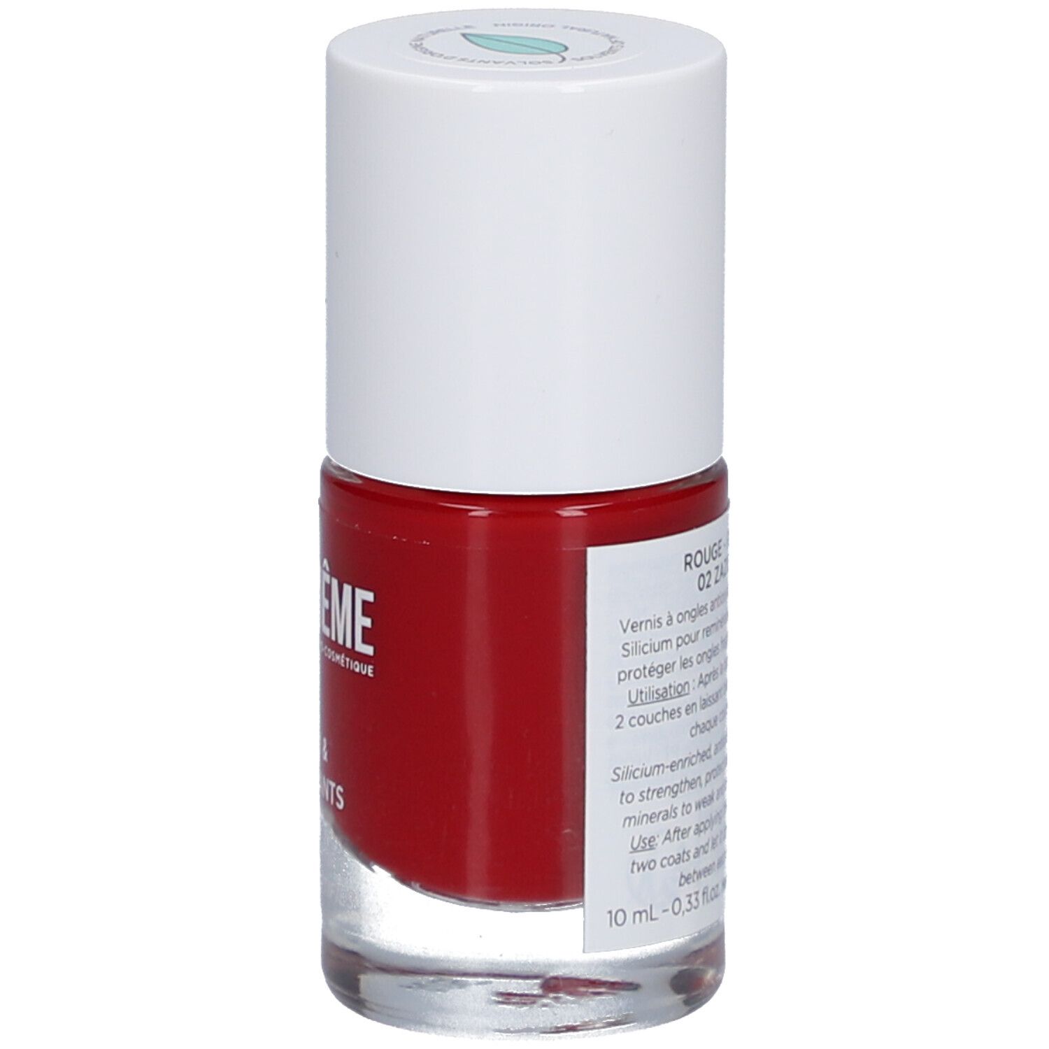 Roter Nagellackflakon mit weißem Deckel. Rückseite mit Produktinformationen. Marke: MÊME.