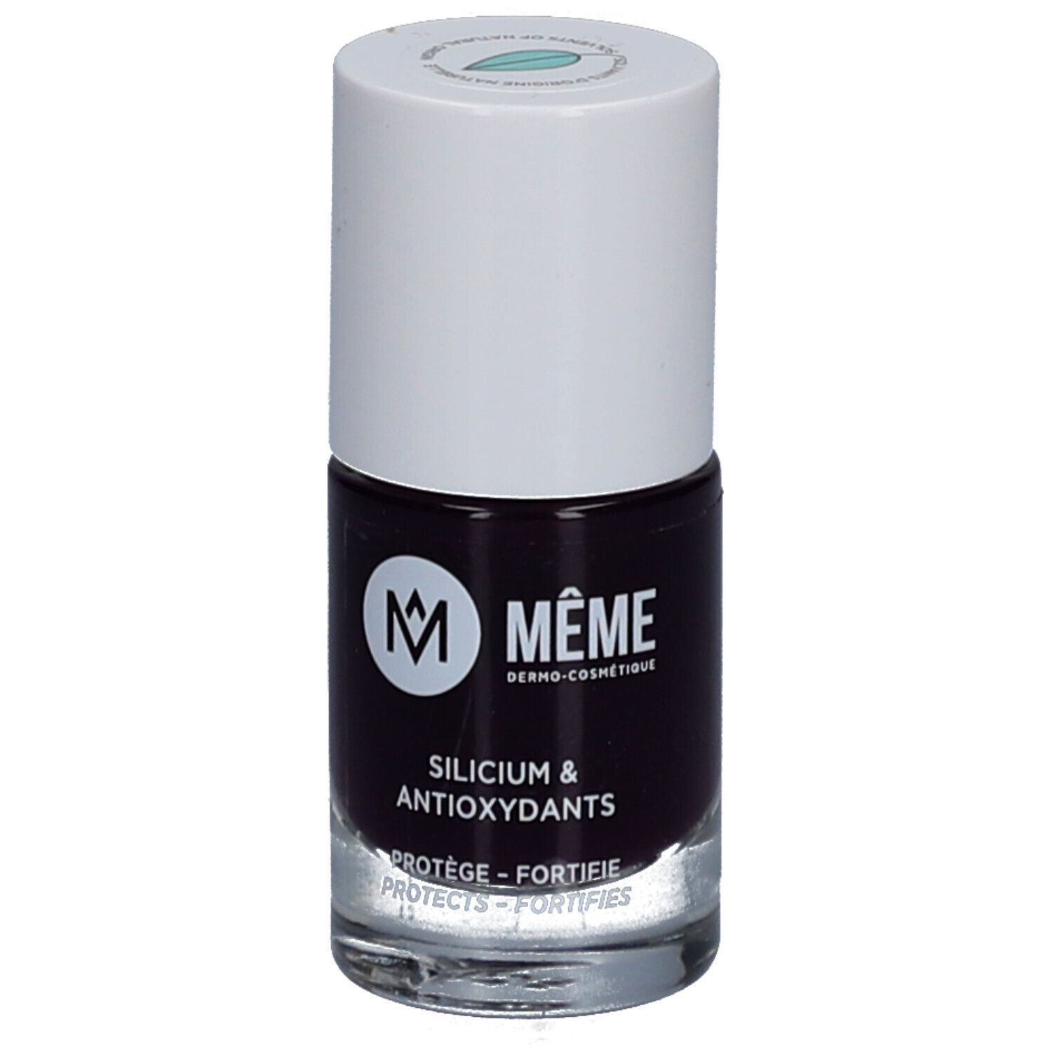MEME Nagellack 08 Nathalie Aubergine. Flasche mit dunkellila Nagellack, weißer Deckel. Aufschrift: Silicium & Antioxidantien.