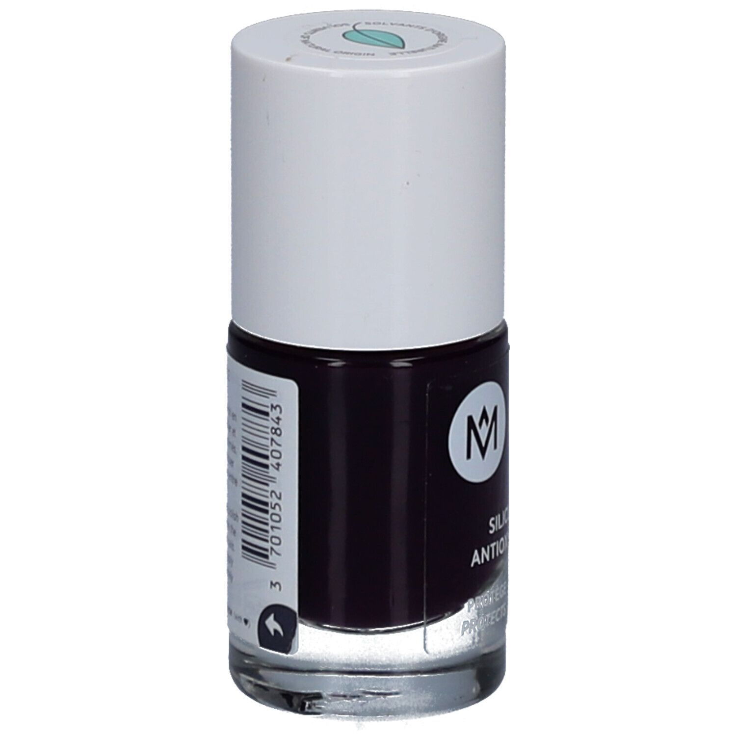 MEME Nagellack 08 Nathalie Aubergine. Flasche mit dunkellila Nagellack, weißer Deckel. Rückseite mit Barcode und Text.