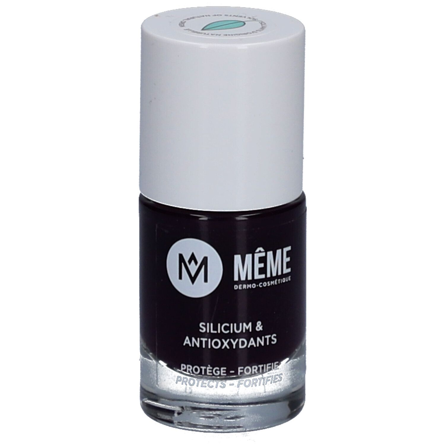 MEME Nagellack 08 Nathalie Aubergine. Flasche mit dunkellila Nagellack, weißer Deckel. Aufschrift: Silicium & Antioxidantien.