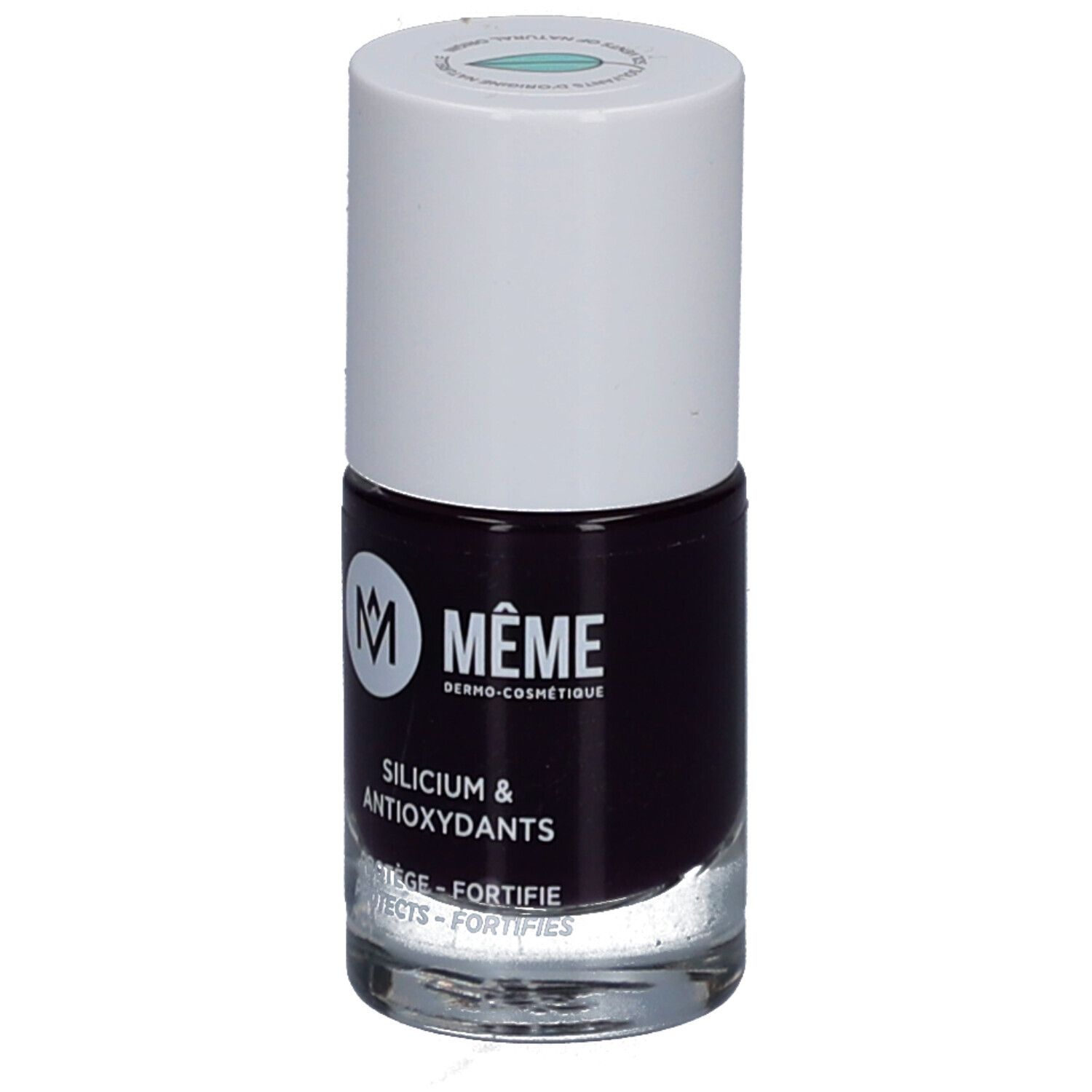 MEME Nagellack 08 Nathalie Aubergine. Flasche mit dunkellila Nagellack, weißer Deckel. Aufschrift: Silicium & Antioxidantien.