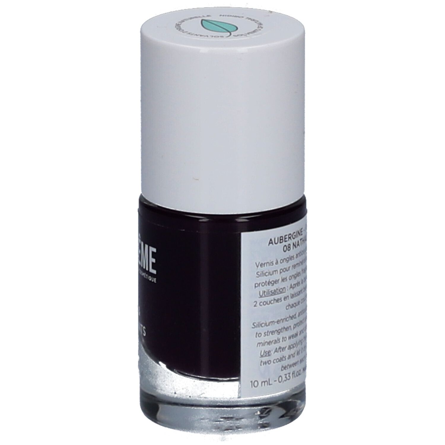 MEME Nagellack 08 Nathalie Aubergine. Flasche mit dunkellila Nagellack, weißer Deckel. Rückseite mit Produktinformationen.