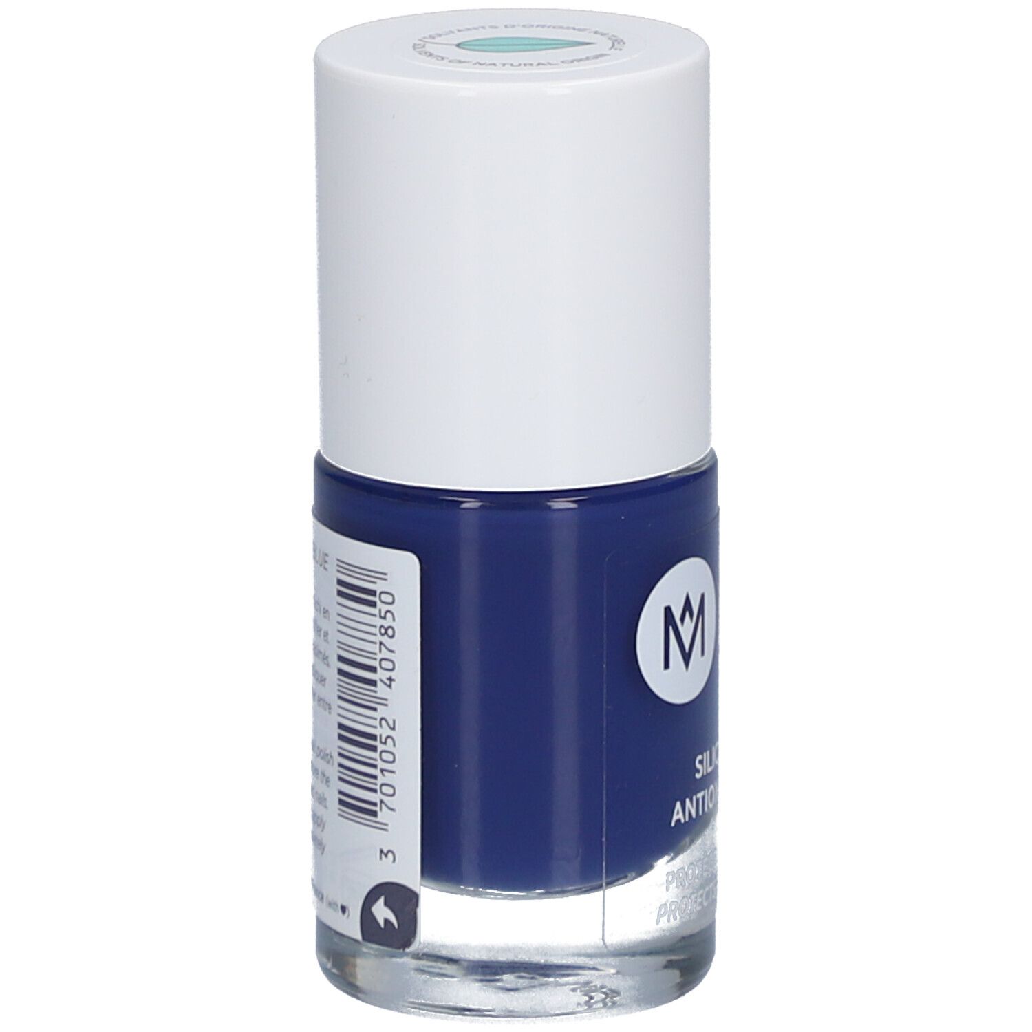 Nagellackflasche, dunkelblaues Produkt. Weißer Deckel, Produktname und Inhaltsstoffe auf dem Etikett.