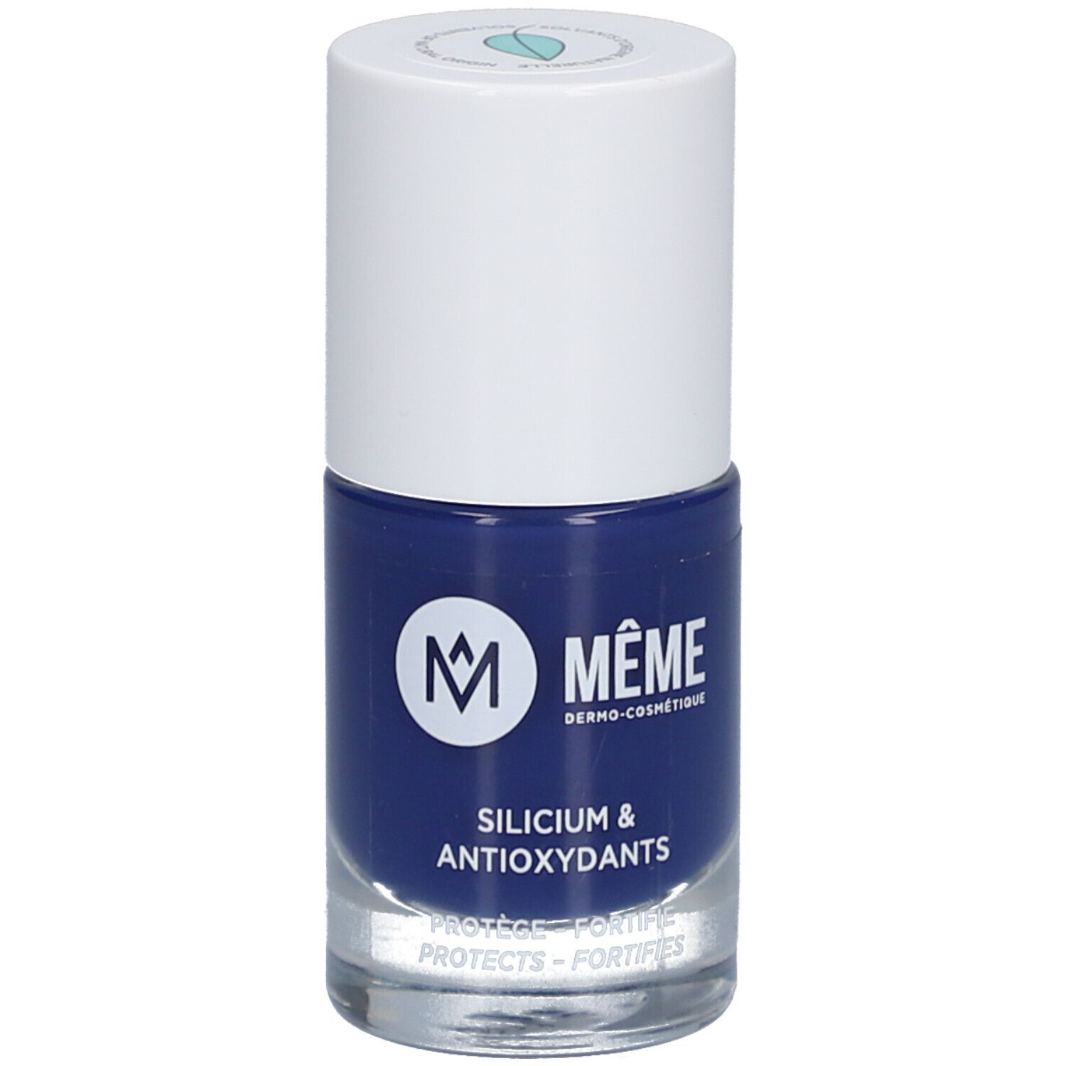 Nagellackflasche, dunkelblaues Produkt. Weißer Deckel, Produktname und Inhaltsstoffe auf dem Etikett.
