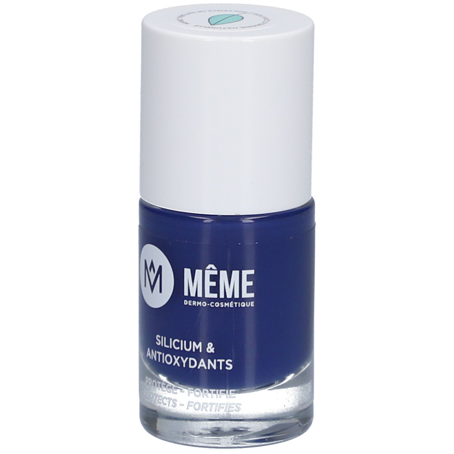 Nagellackflasche, dunkelblaues Produkt. Weißer Deckel, Produktname und Inhaltsstoffe auf dem Etikett.