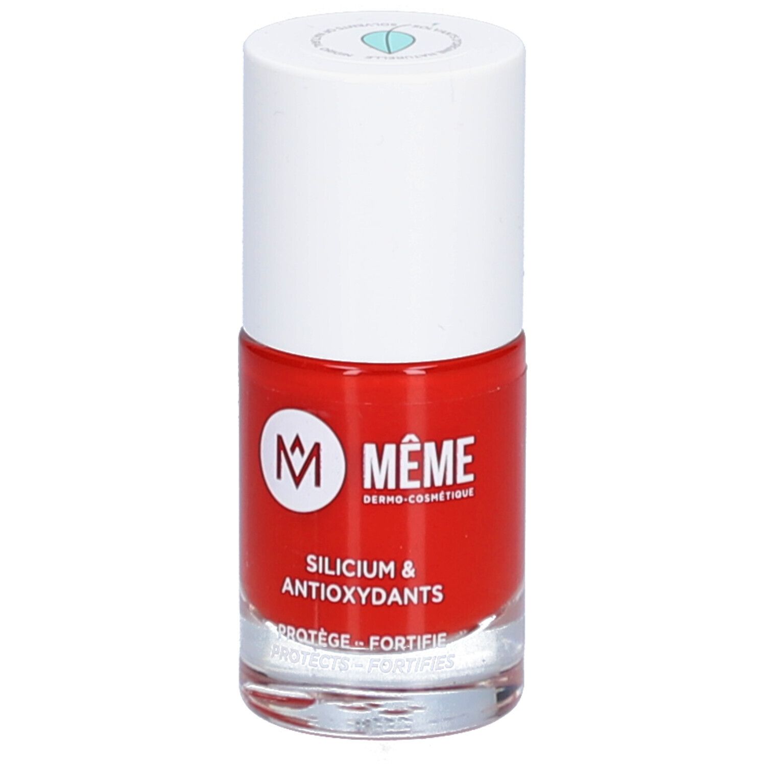 Rote Nagellackflasche mit weißem Deckel. Aufschrift: MÊME, Silicium & Antioxidantien. Schützt und stärkt.