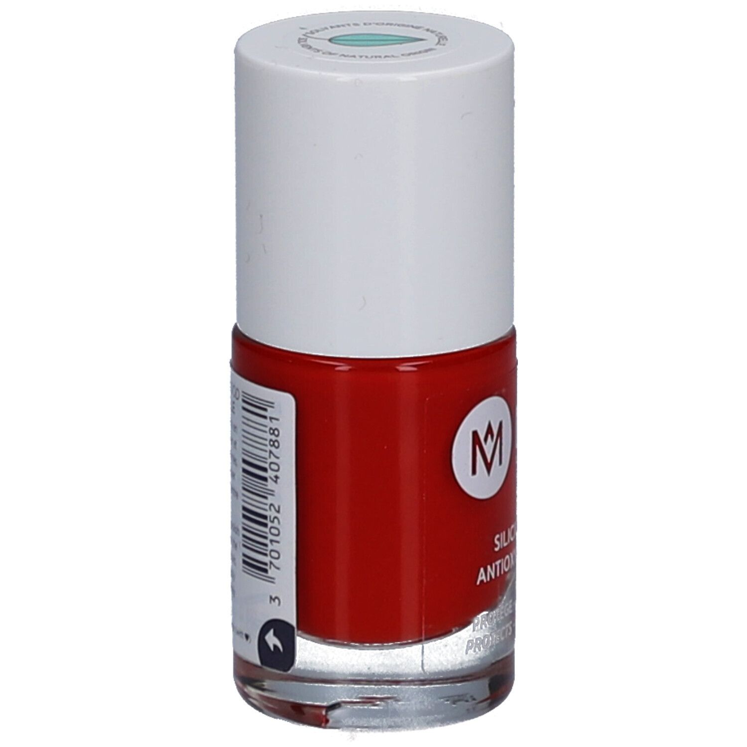 Rote Nagellackflasche mit weißem Deckel. Auf der Seite: MÊME Logo und Silicium & Antioxidantien. Rückseite mit Barcode.