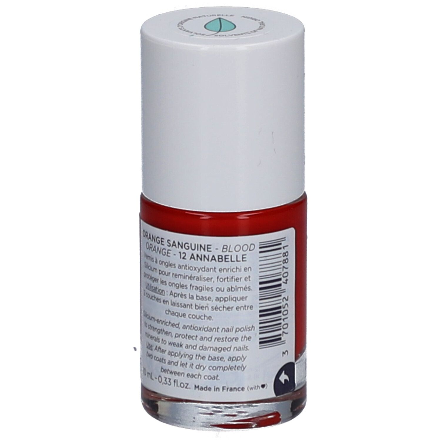 Rote Nagellackflasche mit weißem Deckel. Aufschrift: Orange Sanguine - Blood Orange 12 Annabelle. Produktinformationen.