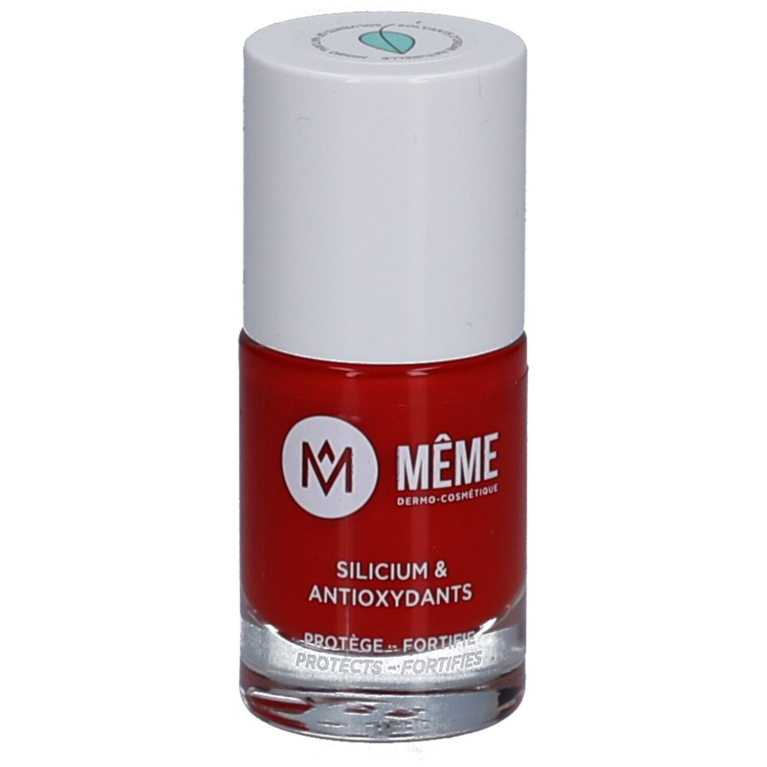 Rote Nagellackflasche mit weißem Deckel. Aufschrift: MÊME, Silicium & Antioxidantien. Schützt und stärkt.